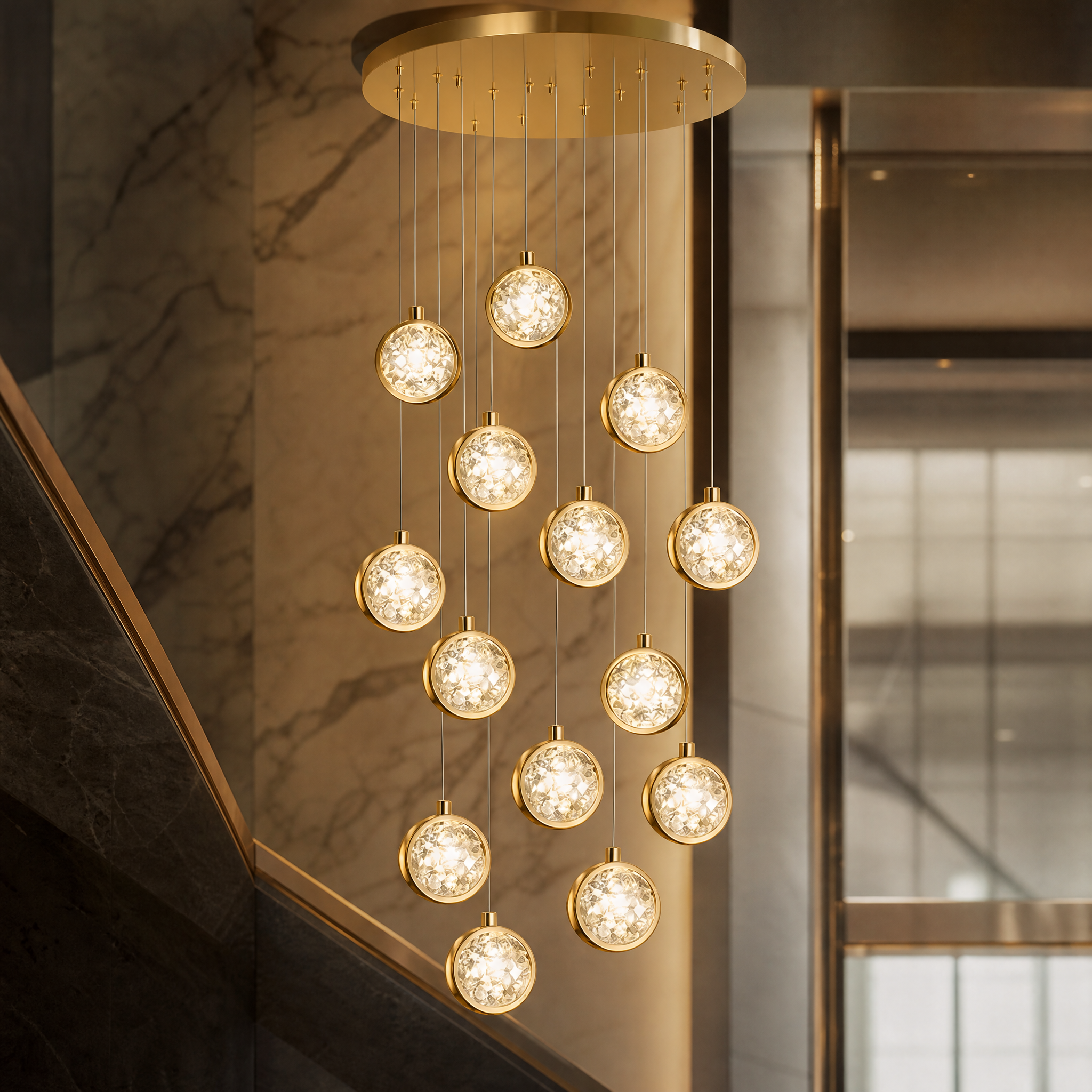 Macro closeup of the intricate bubble-effect crystal globes on the VORELLI Marlow pendant chandelier, showcasing light refraction.