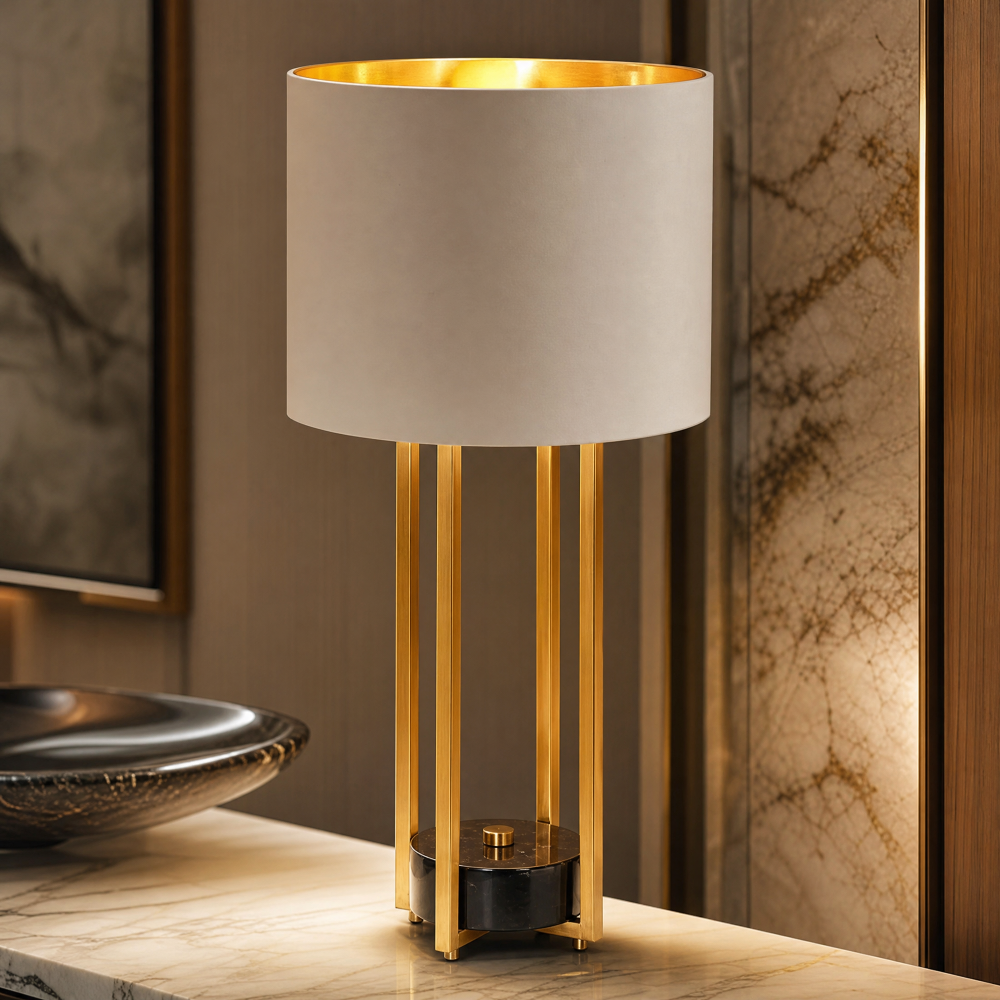 Detailed closeup of the Marzello lamp showing the interplay between the cool polished marble core and the warm antique brass geometric cage frame.