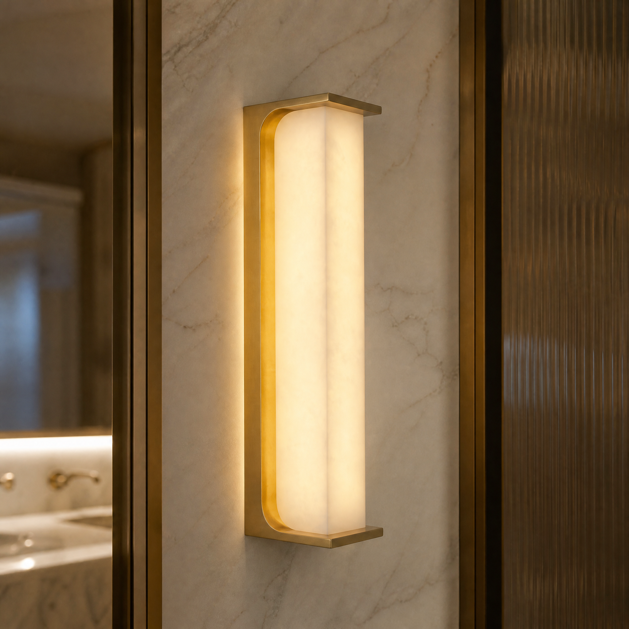 A macro closeup of the Matera wall light, highlighting the natural beauty and rich texture of the warm stone, inspired by the ancient city of Matera.
