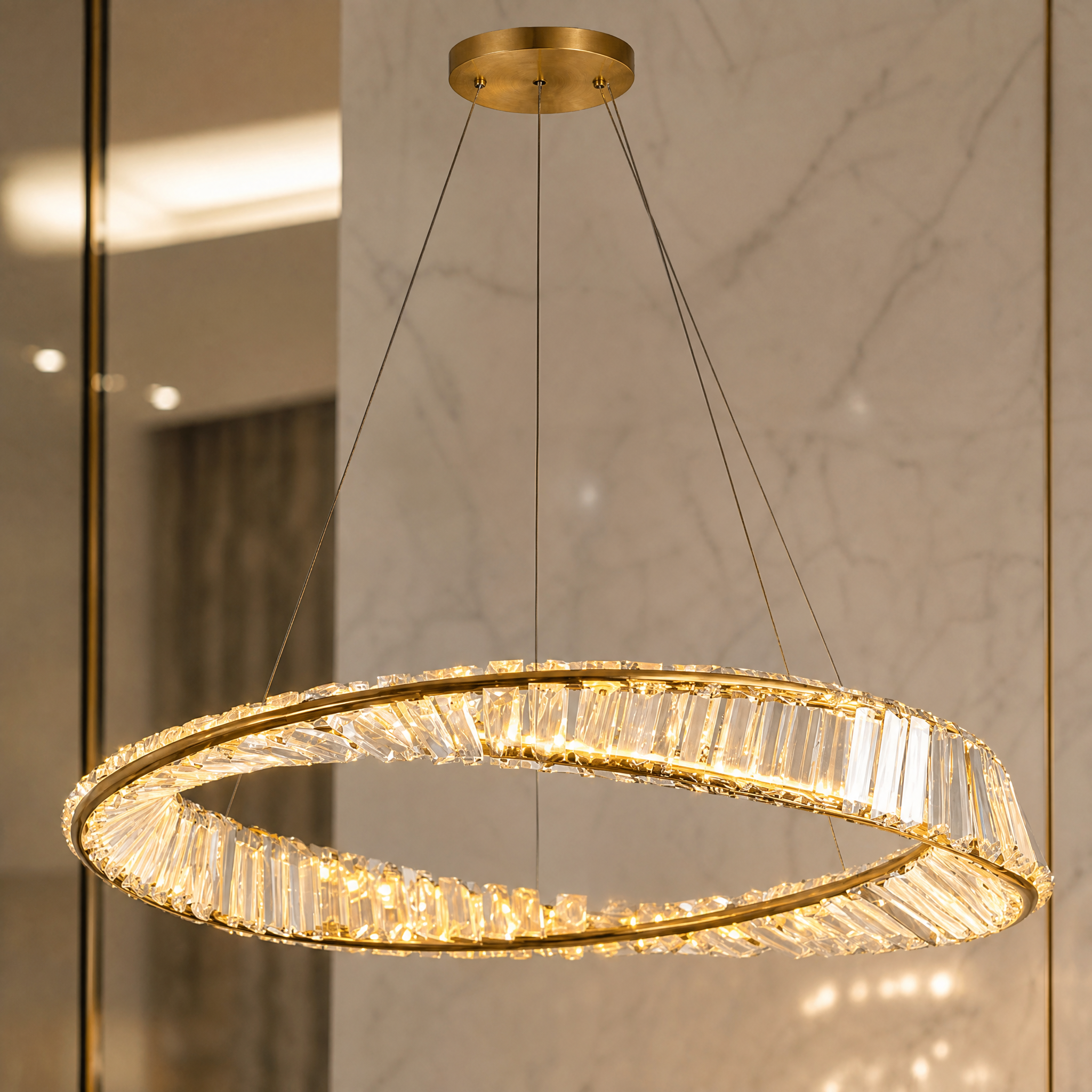 Detailed closeup of meticulously arranged crystal bars on the Melia circular chandelier
