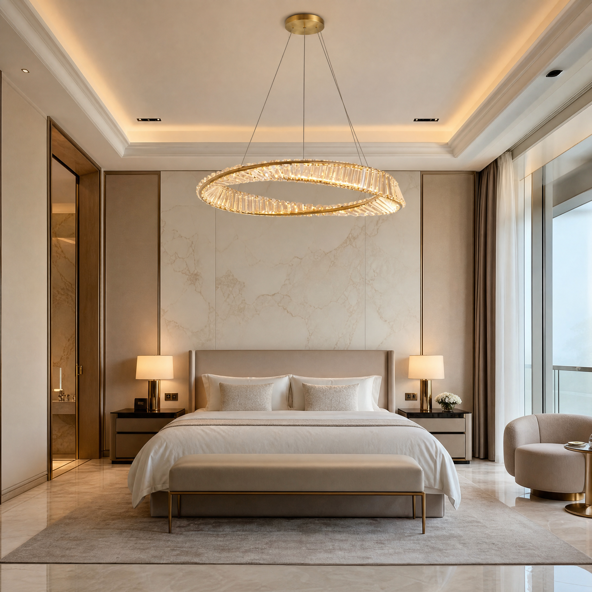 Sophisticated Melia chandelier with crystal bars centerpiece in a high-end hotel lobby