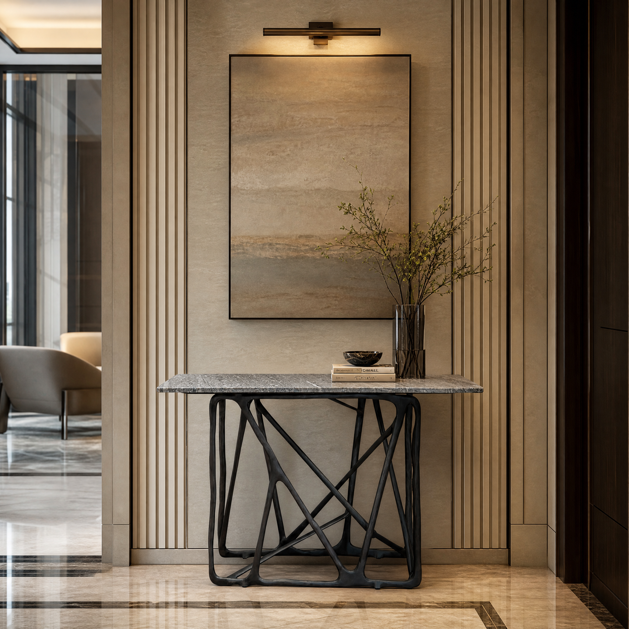 The contemporary Merano grey marble console table by VORELLI showcased in a sophisticated hotel lobby hospitality setting.