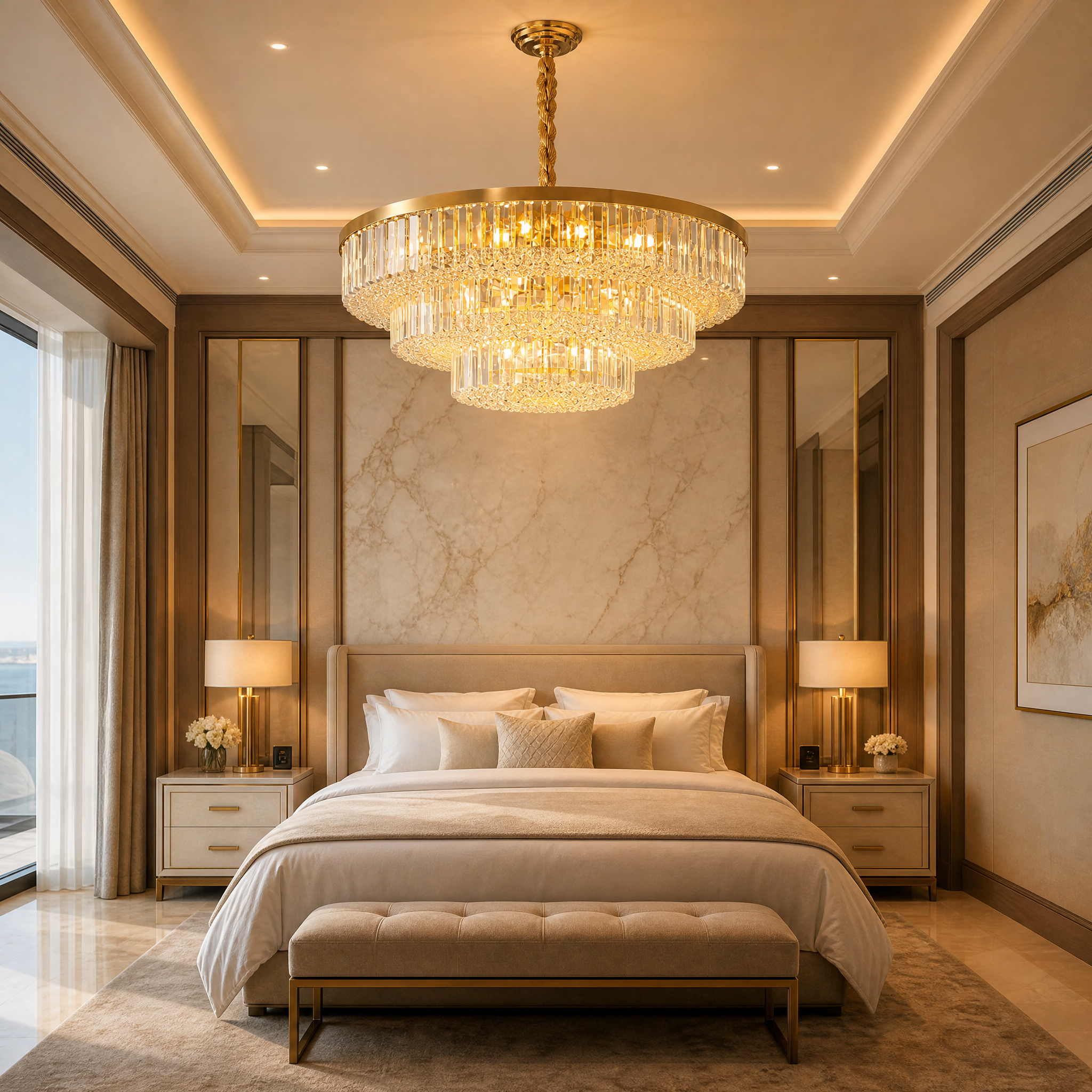 VORELLI Merlimont circular crystal chandelier creating a luxurious ambiance in an upscale hospitality hotel lobby setting.