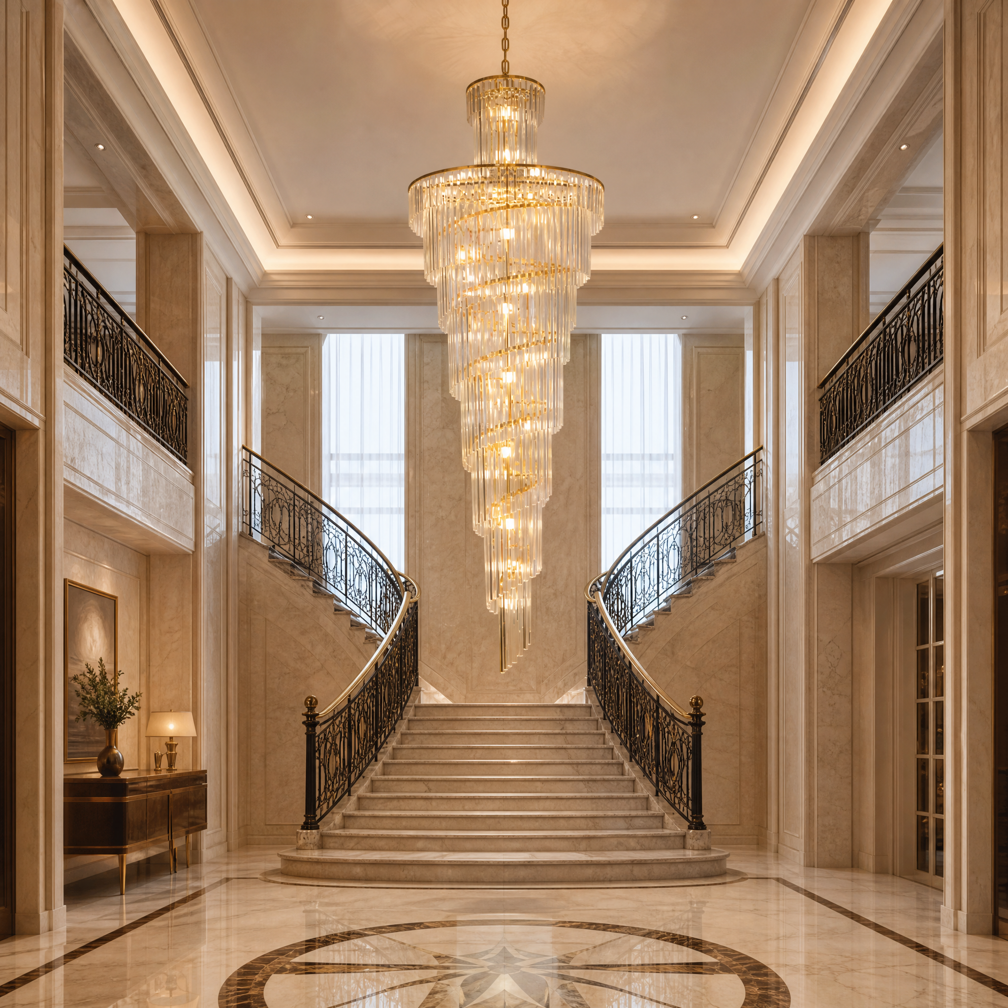 Contemporary Milazzo spiral staircase chandelier installed in a luxury hotel lobby.