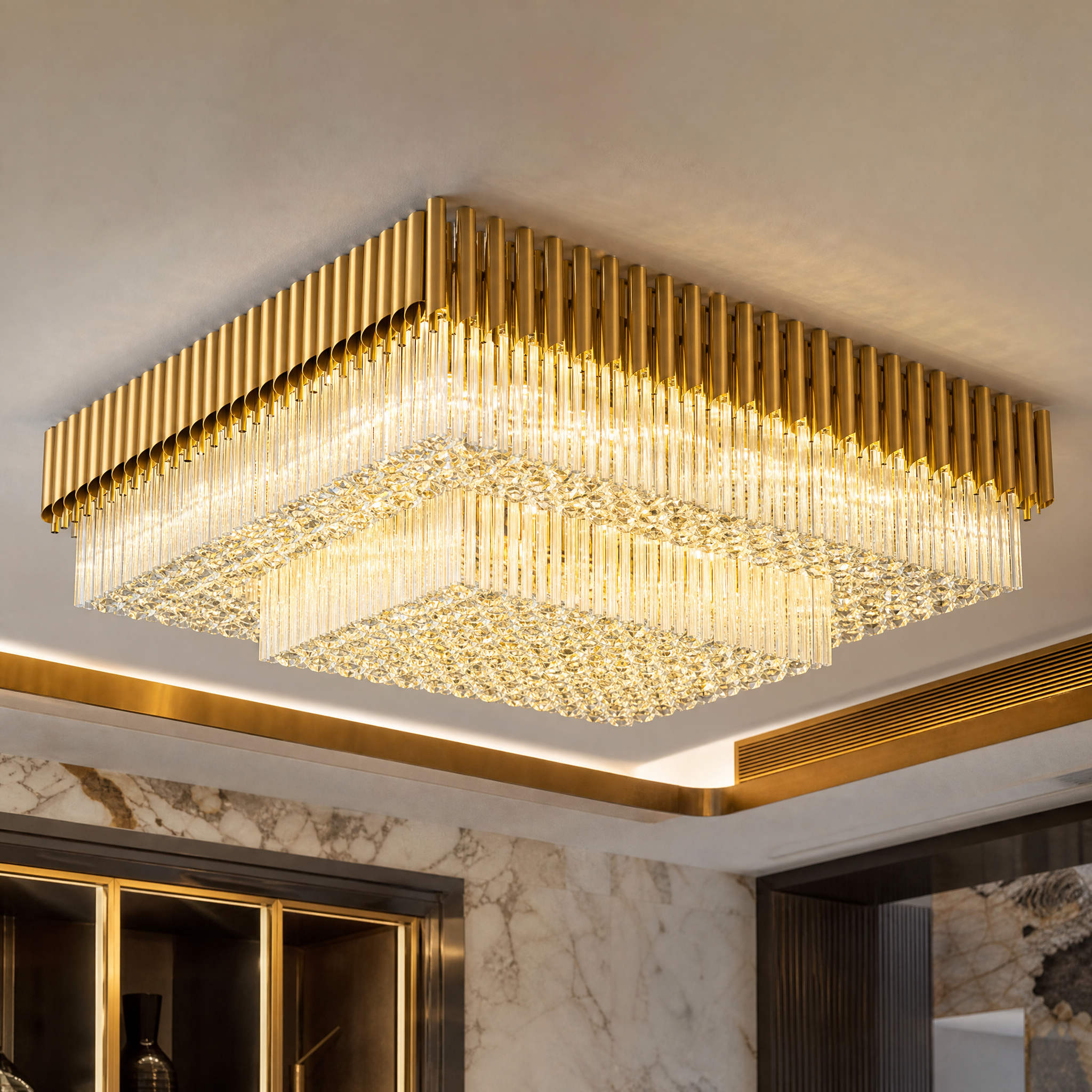 Close-up detail of the cascading diamond-cut crystals on the Milltimber Grandeur rectangular ceiling light.