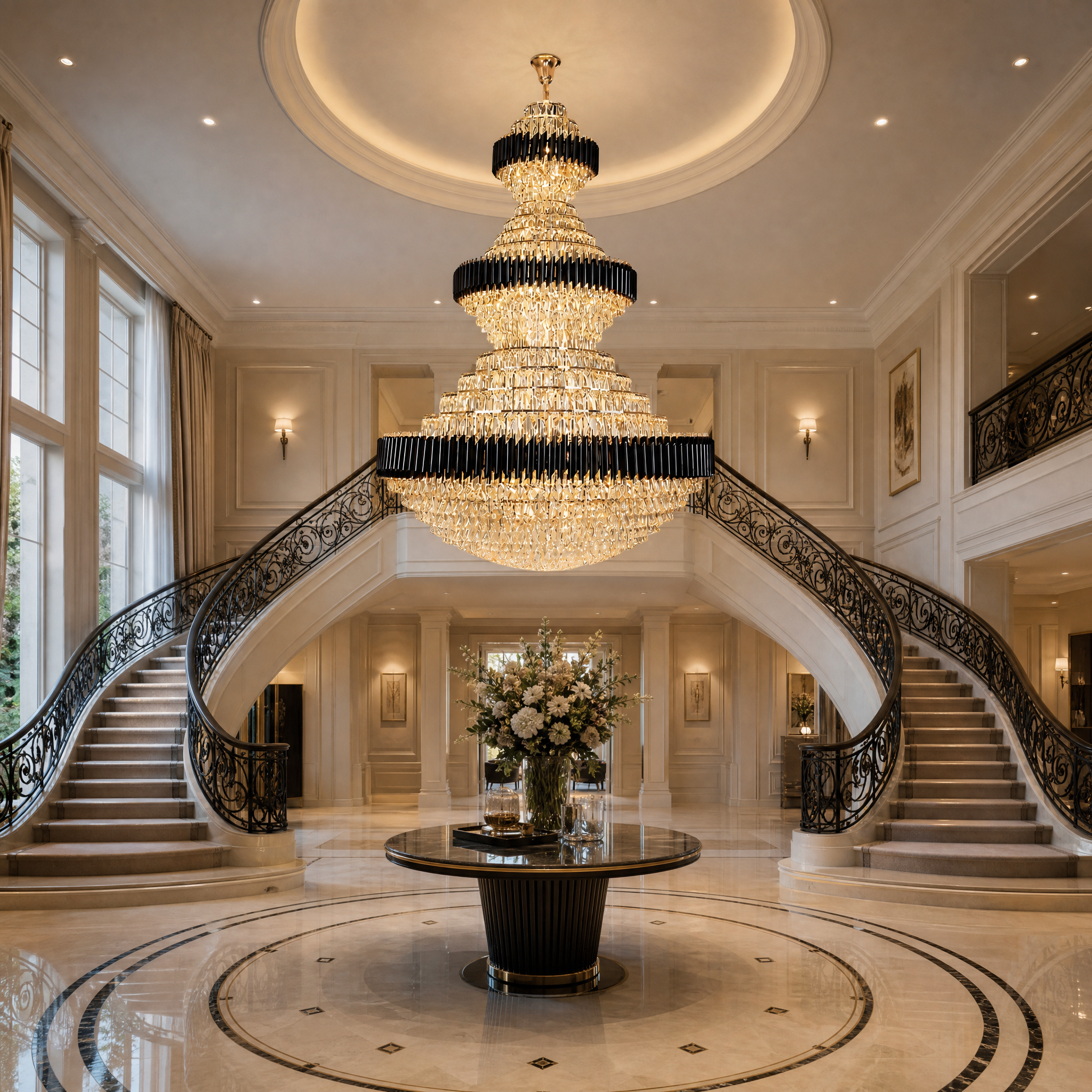 VORELLI Milltimber Grandeur Staircase Chandelier II illuminating a luxury multi-story residential foyer and grand staircase with its majestic 3-tier crystal design.
