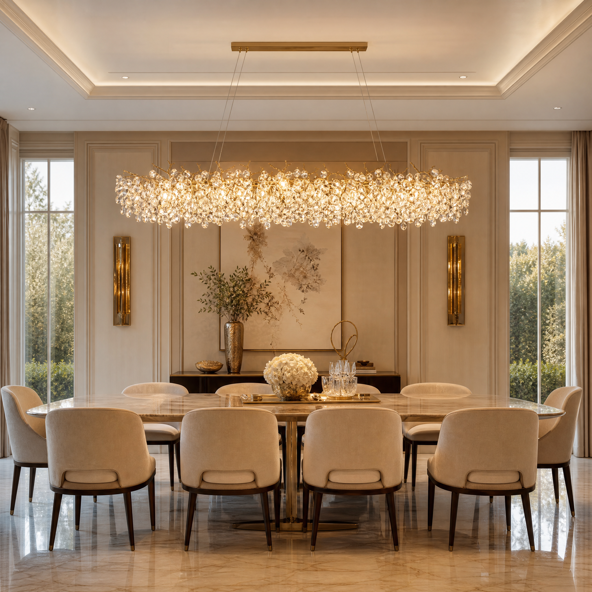 A gold Mimosa rectangular chandelier with champagne-tone crystals suspended above a luxury dining table.