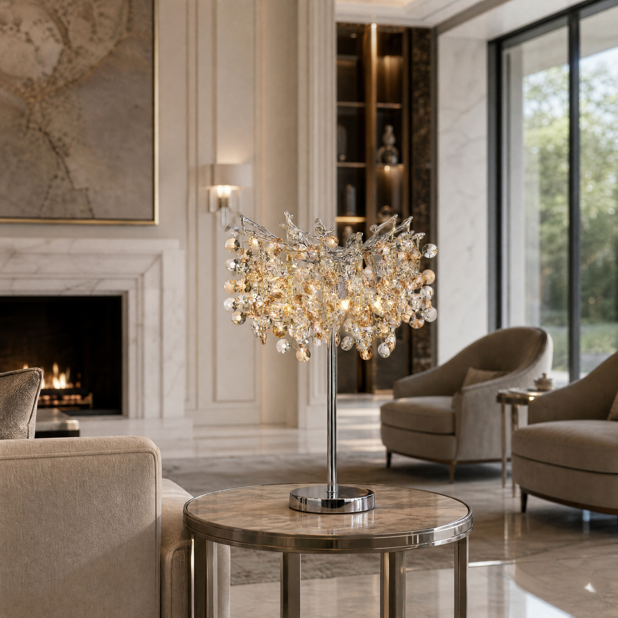 VORELLI Mimosa crystal table lamp illuminating a refined bedroom nightstand with a warm ambient glow.