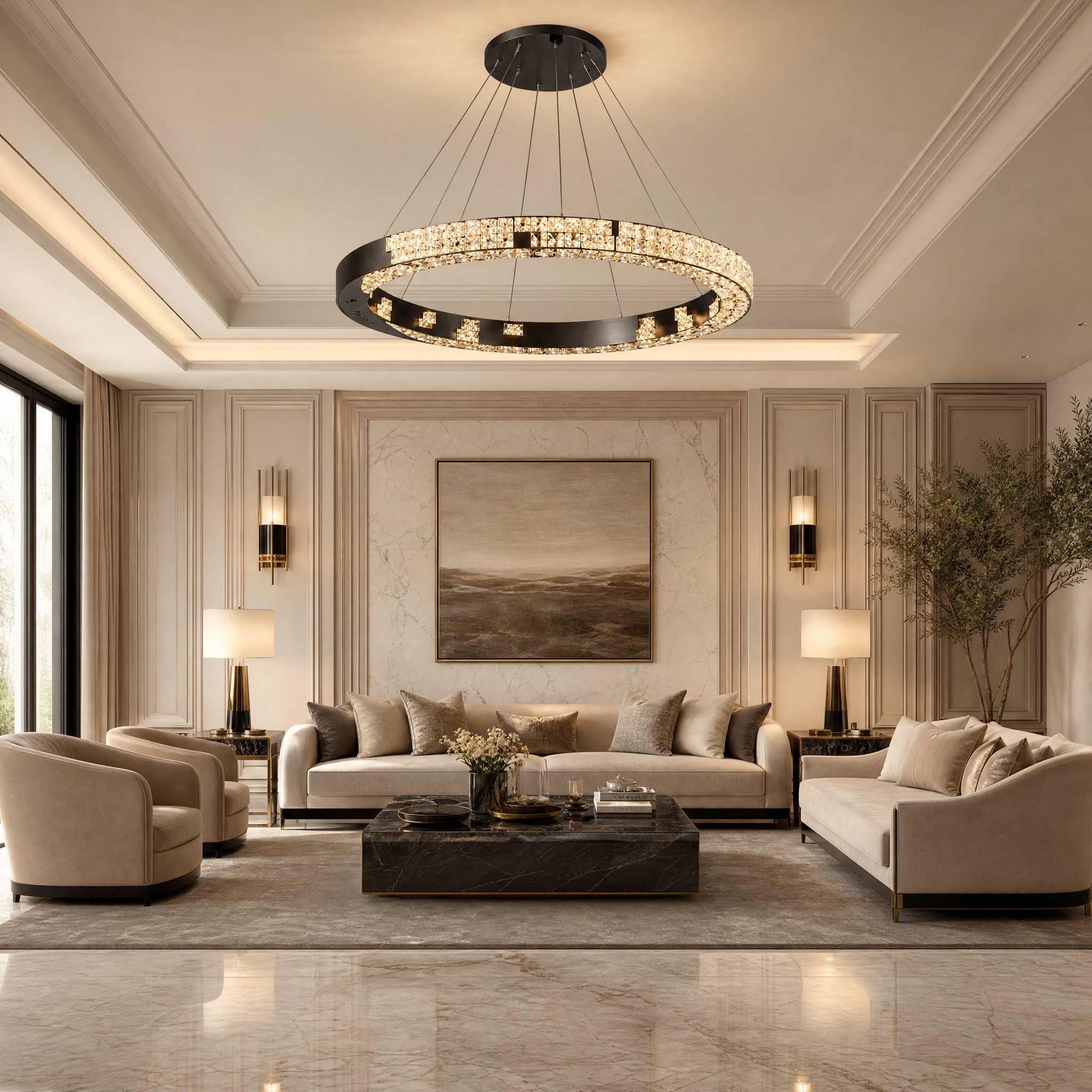The Minato Circular Chandelier by Vorelli illuminating a contemporary residential living room with a warm, enchanting glow from its radiant crystal bars.