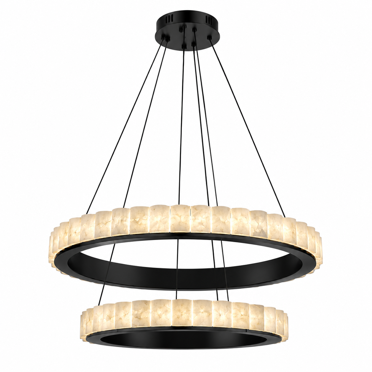 Minimalist yet grand design statement featuring the VORELLI Elysia Marble Double Ring Chandelier.