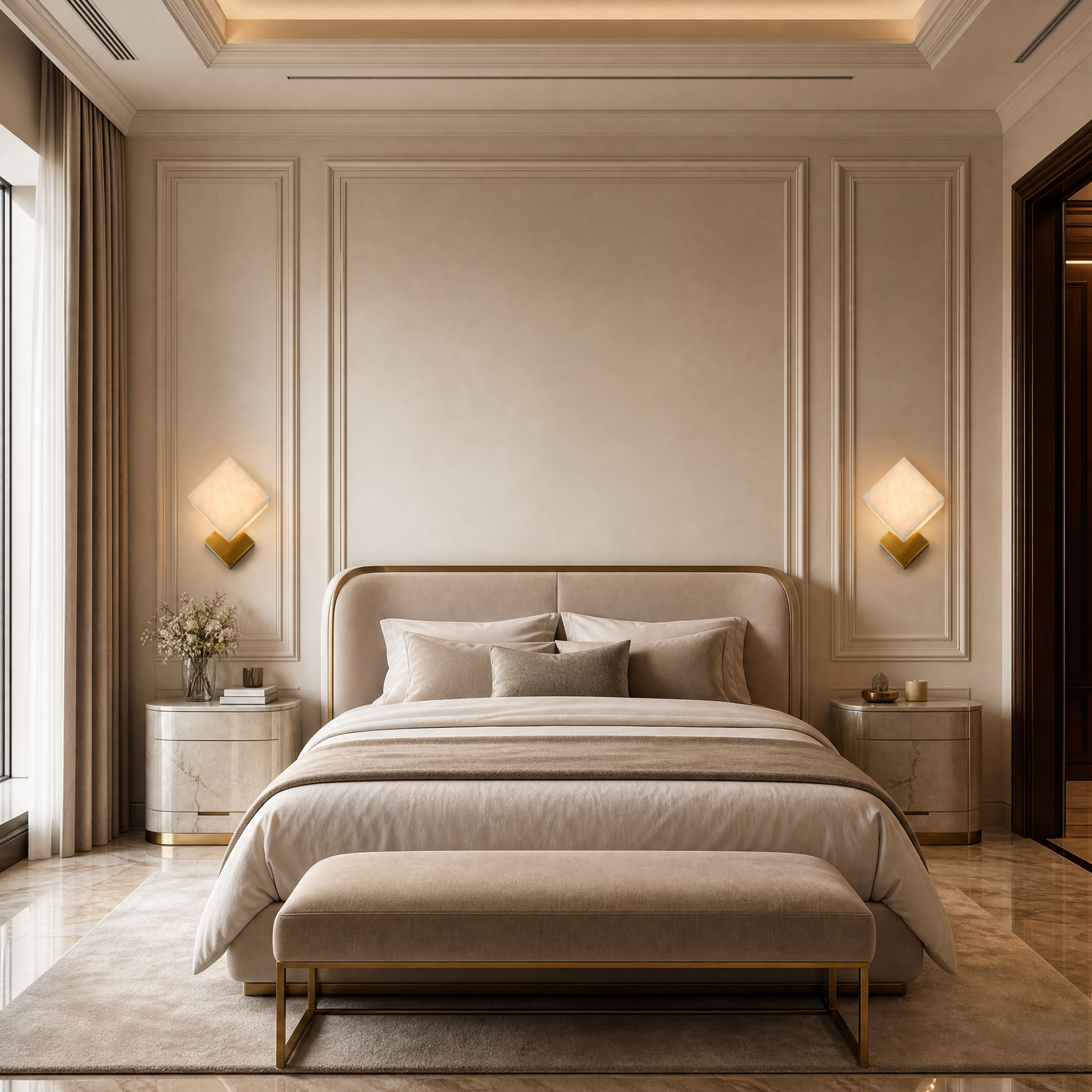 VORELLI Modena Marble Wall Light installed in a luxury residential living room, casting a warm glow against a contemporary accent wall.