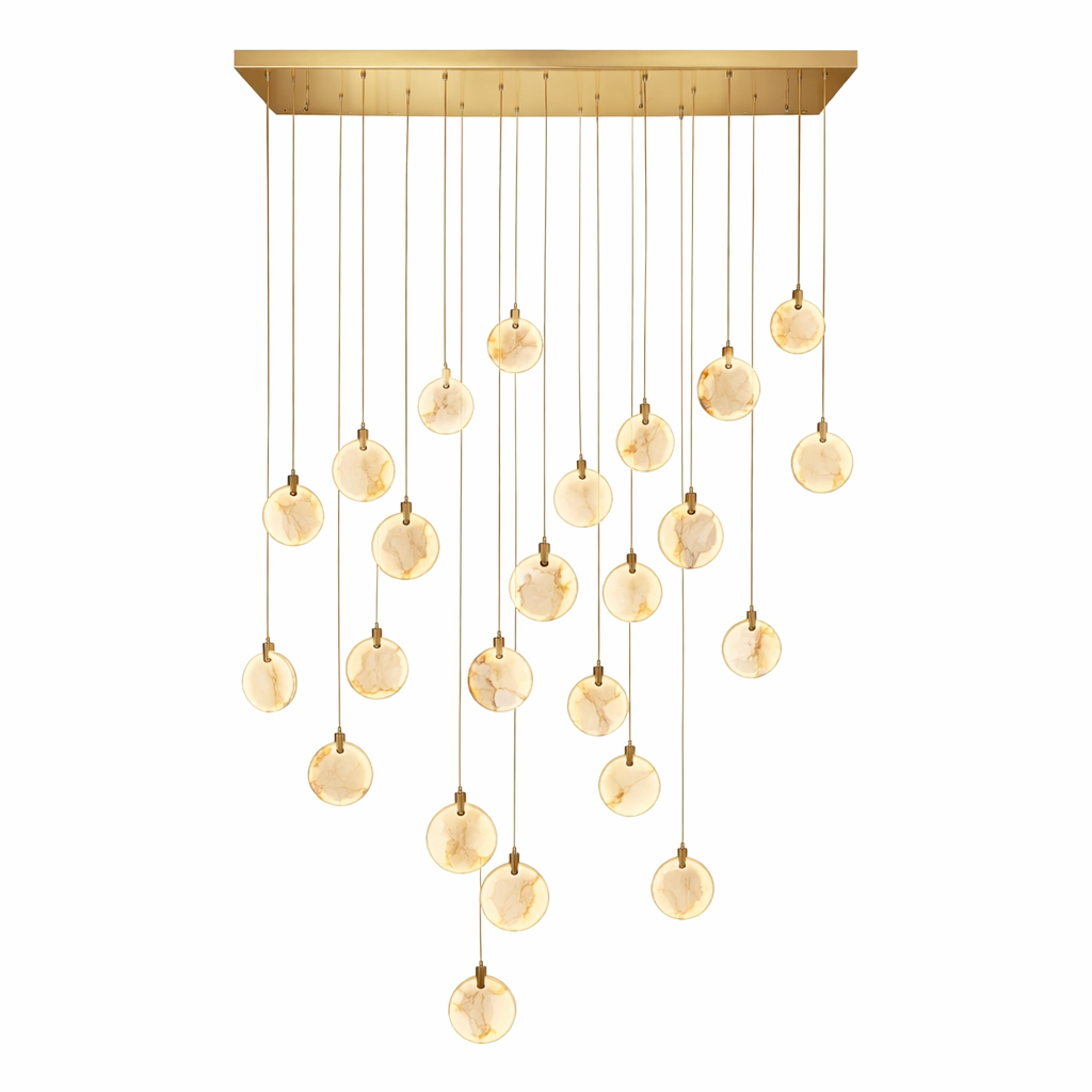 Modern architectural presence of the VORELLI Calacatta marble pendant chandelier, creating a clean and premium lighting display in a high-end space.