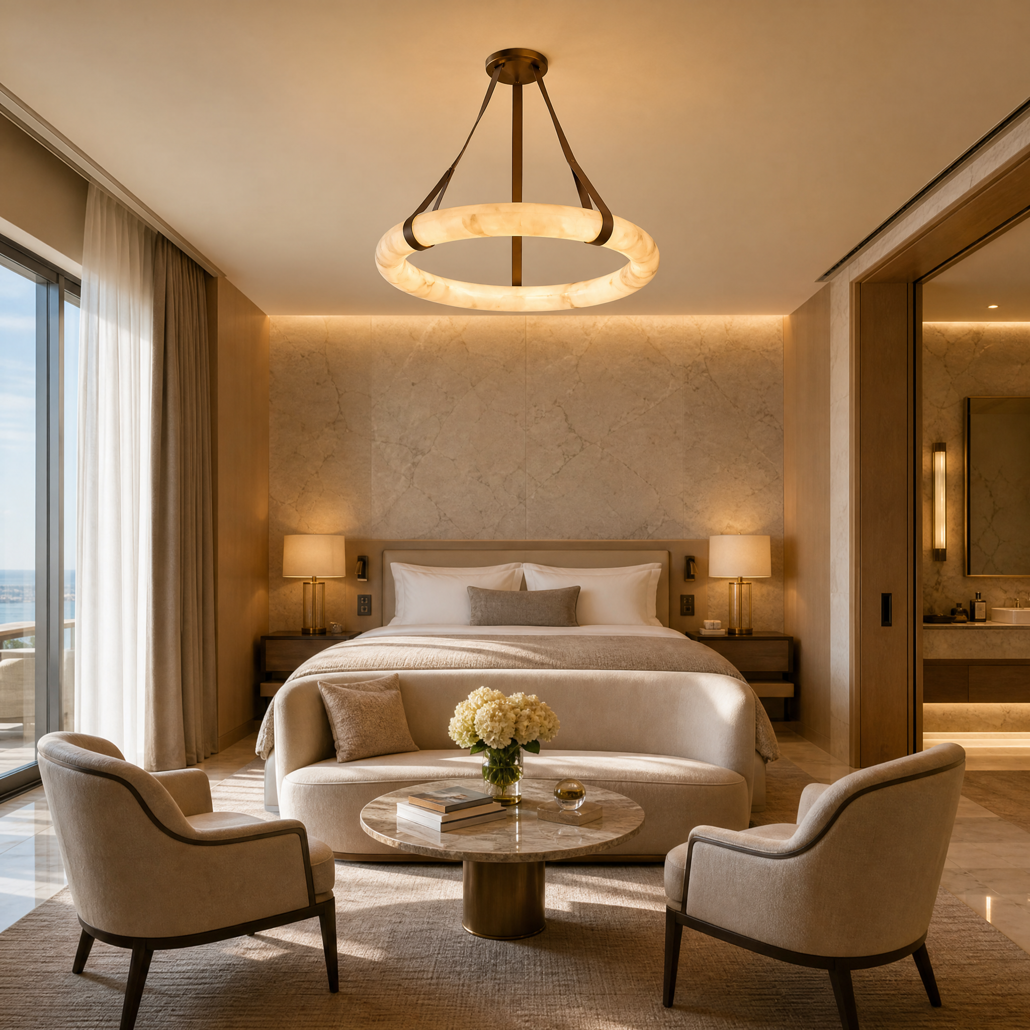 Elegant Botticino marble chandelier suspended by leather straps in a sophisticated commercial hospitality lobby.