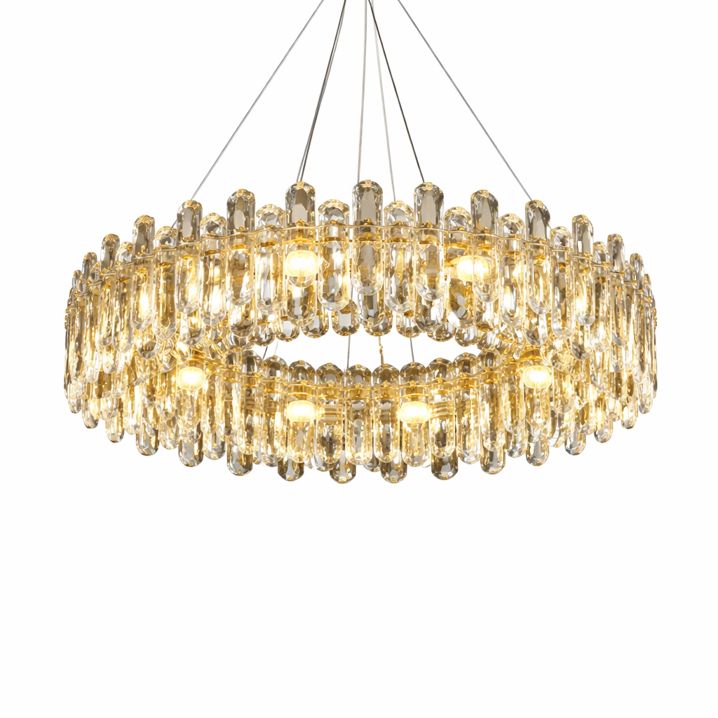 Modern VORELLI Stellina circular crystal chandelier casting a warm, luxurious glow in a contemporary space.