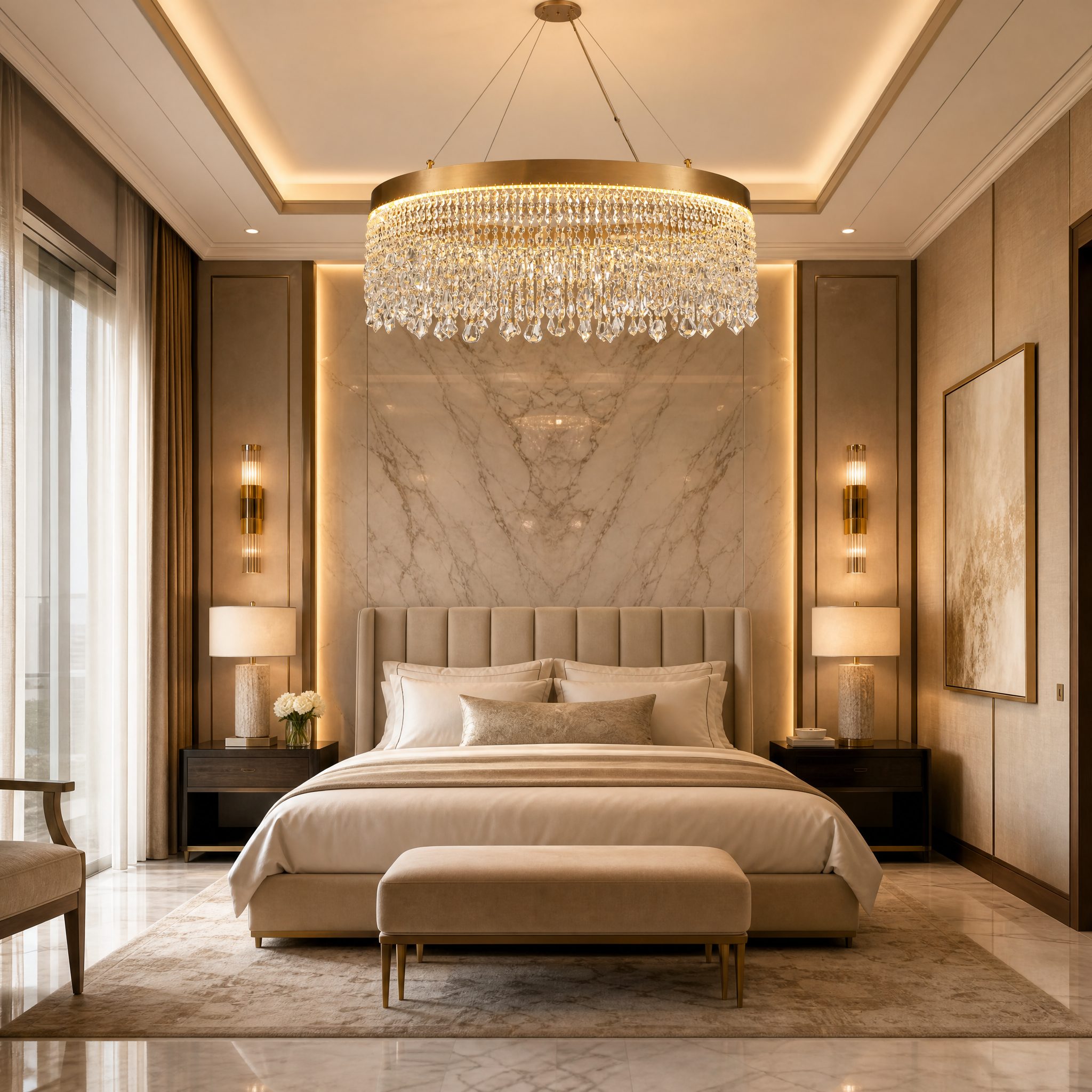 The grand Modesto Circular Chandelier creating a sophisticated and welcoming ambiance in a luxury hospitality lobby.