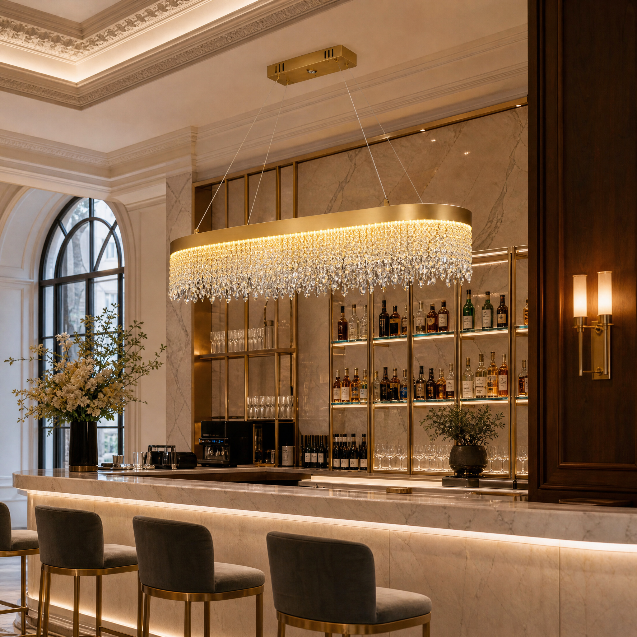 Elegant VORELLI Modesto rectangular crystal chandelier hanging in a sophisticated hospitality setting, blending style and luxury.
