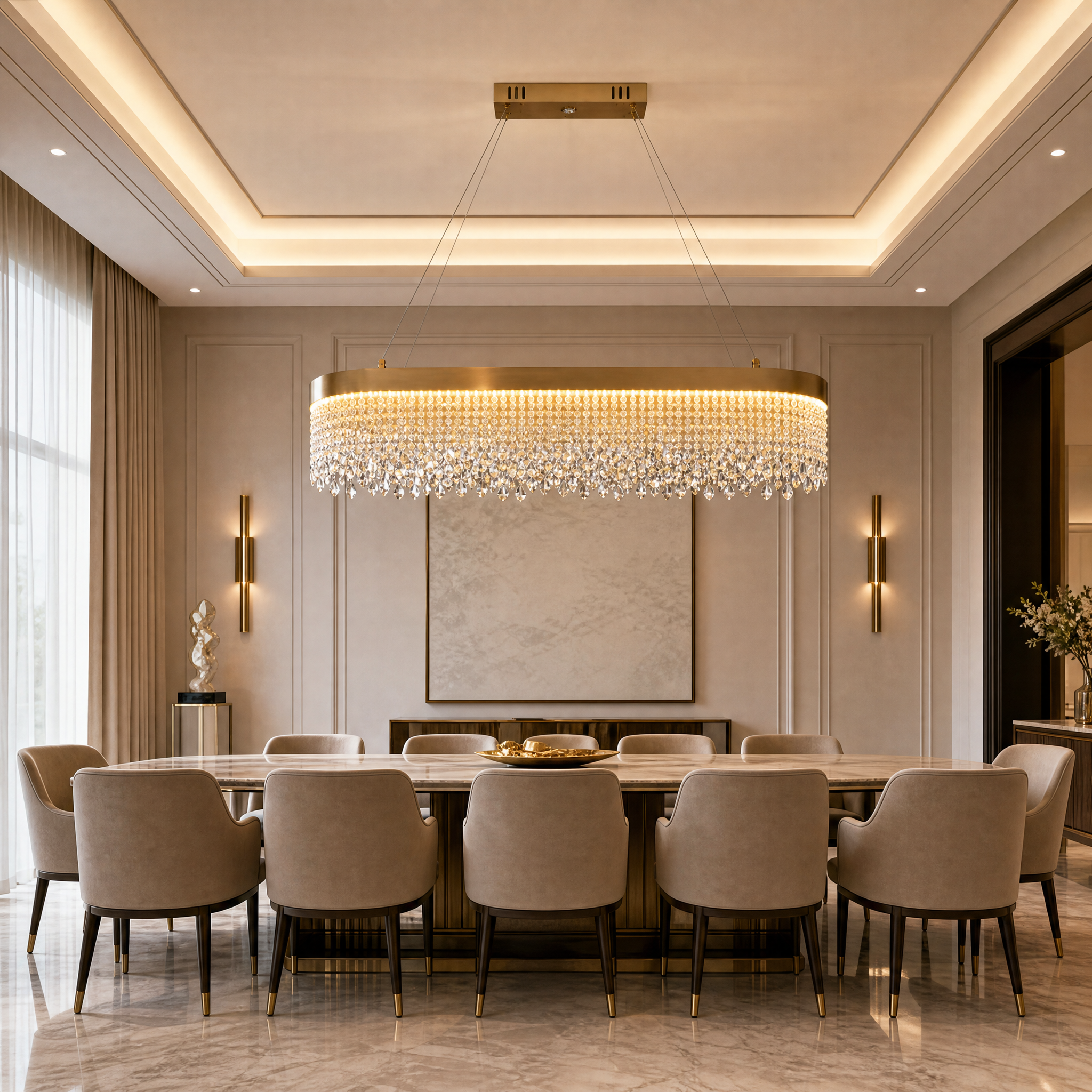 VORELLI Modesto oval rectangular chandelier with diamond-cut crystal chains illuminating a luxurious modern residential dining room.