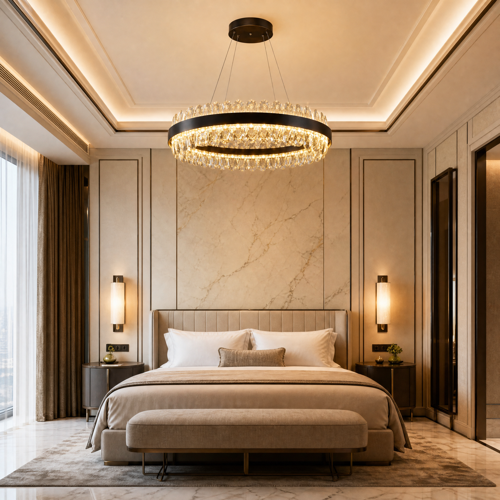 Glamorous hospitality lounge and hotel lobby lighting featuring the Monte-Carlo Circular Chandelier.