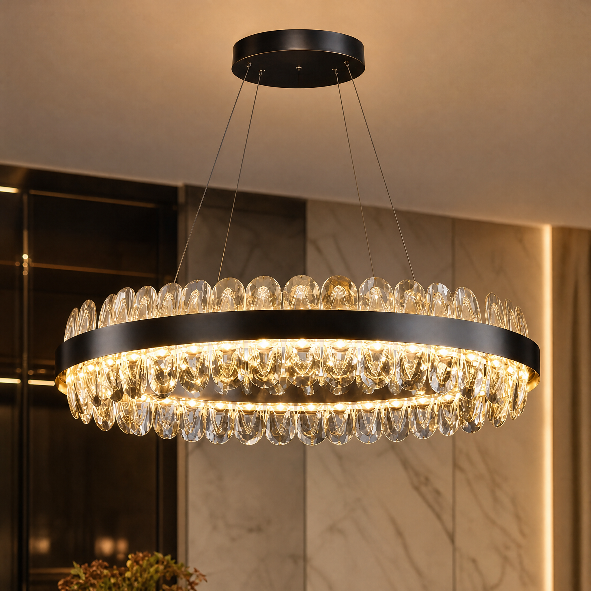 Macro close-up shot of the textured oblong crystals on the Monte-Carlo Circular Chandelier.