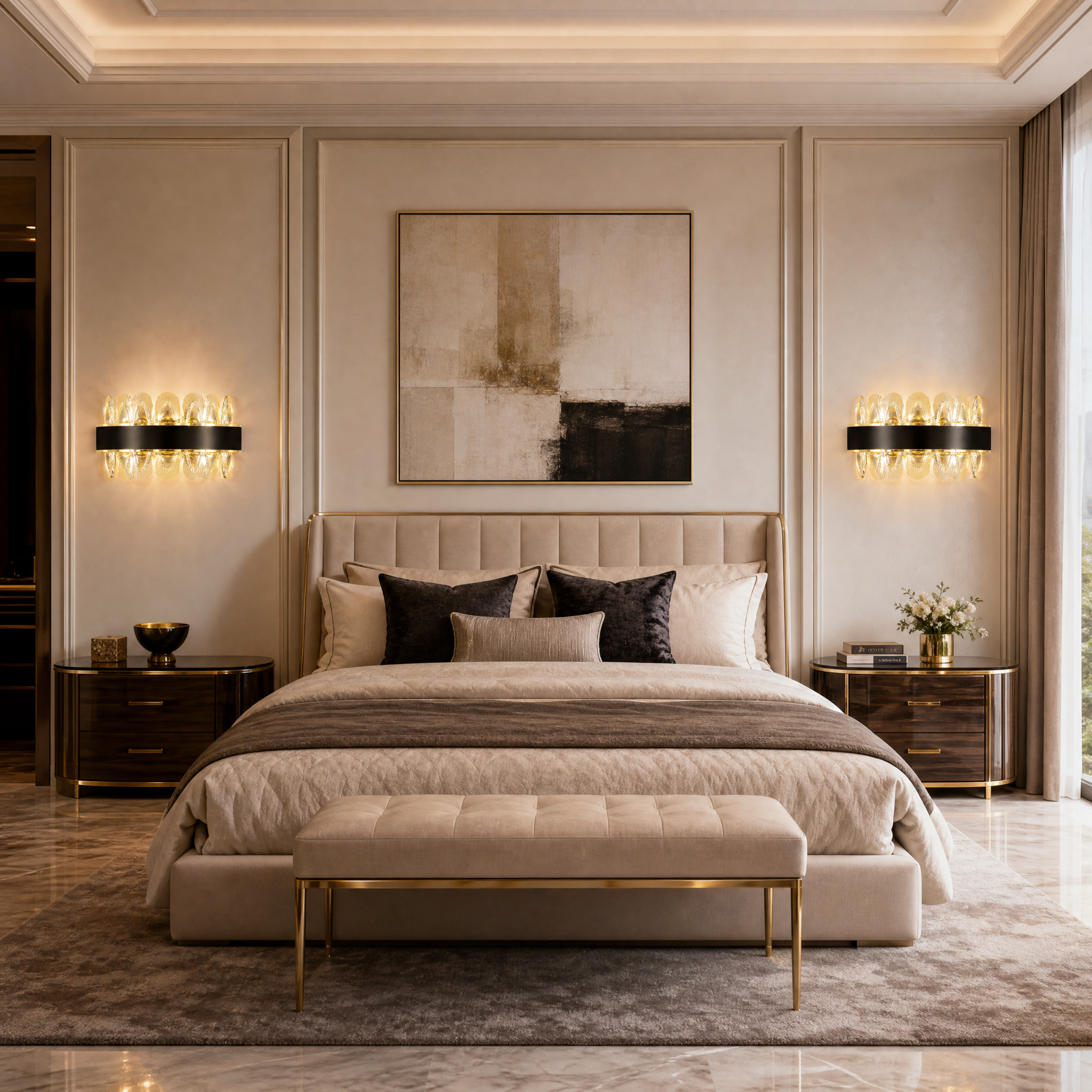 The VORELLI Monte-Carlo Wall Light installed in a luxury residential living room, casting a warm, refined ambiance through its textured oblong crystals.