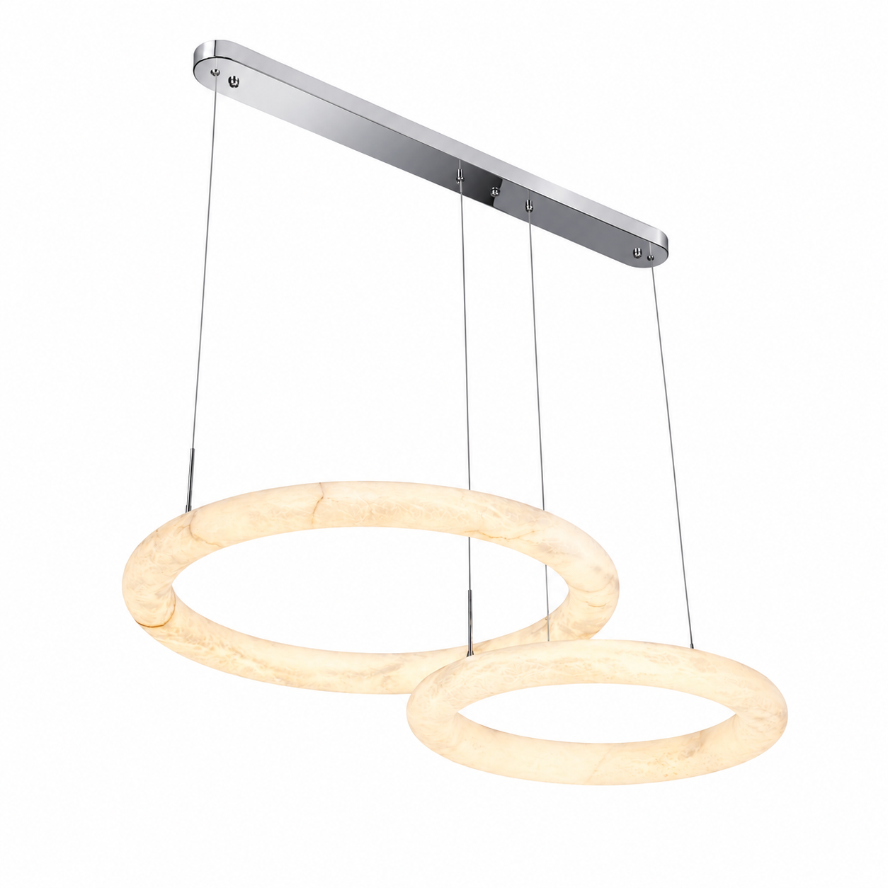 Mood lighting showcase of the VORELLI Cavani Chandelier with two radiant marble rings suspended in perfect harmony.
