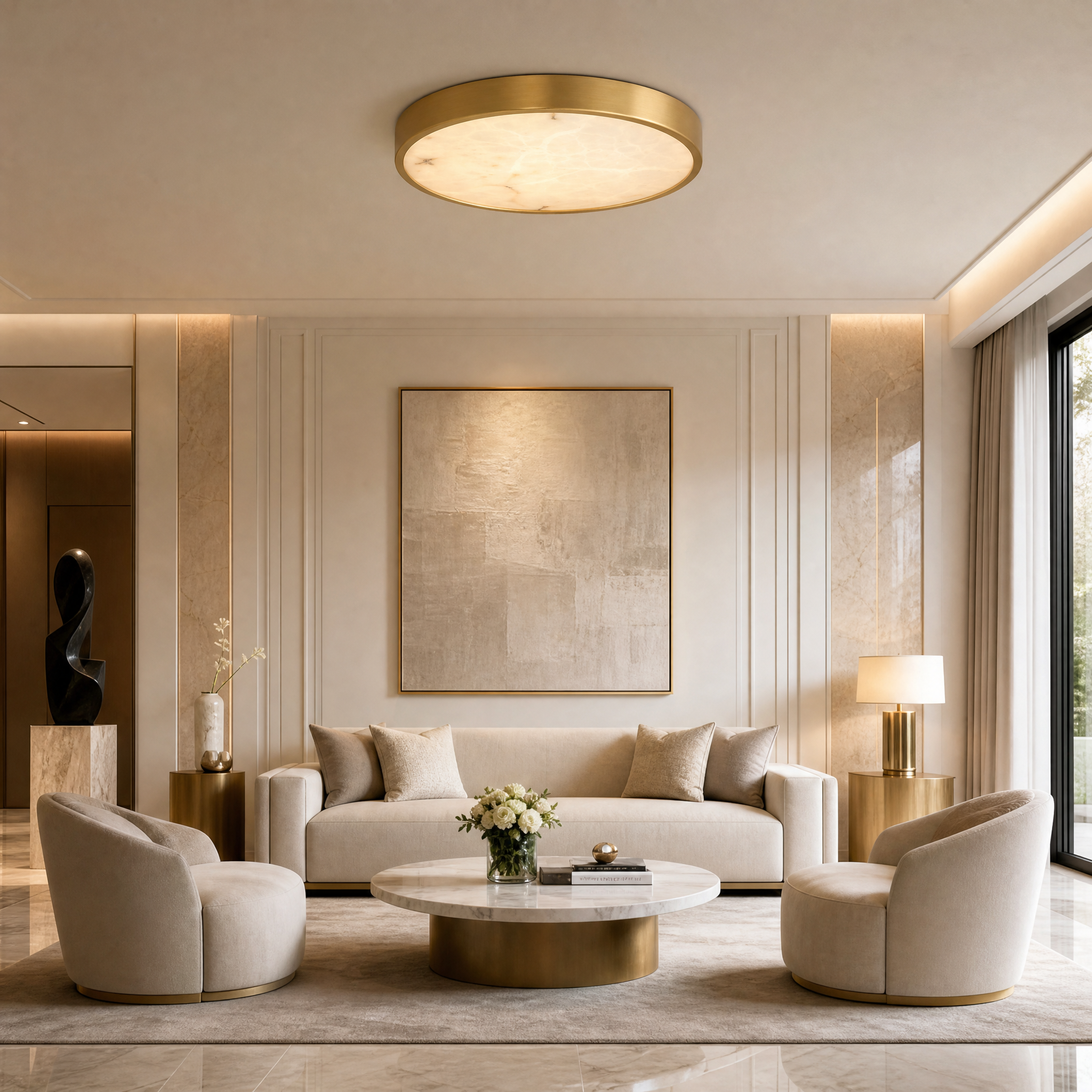 A warm, elegant residential living room featuring the Morenita Marble Circular Ceiling Light casting a soft, ambient glow.
