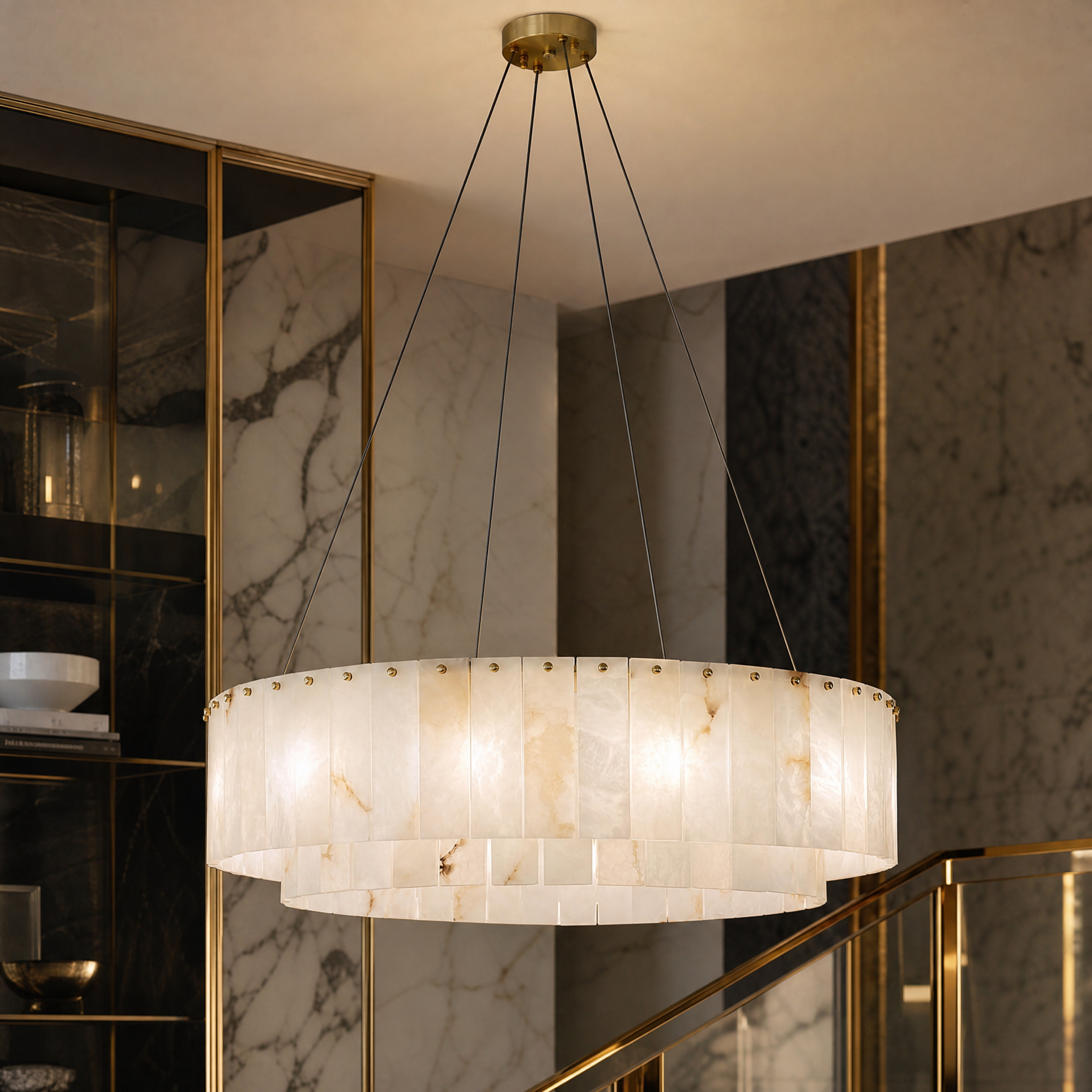 Macro closeup of the Vorelli Munro chandelier, showcasing the natural textures and timeless elegance of the hand-cut marble panels.