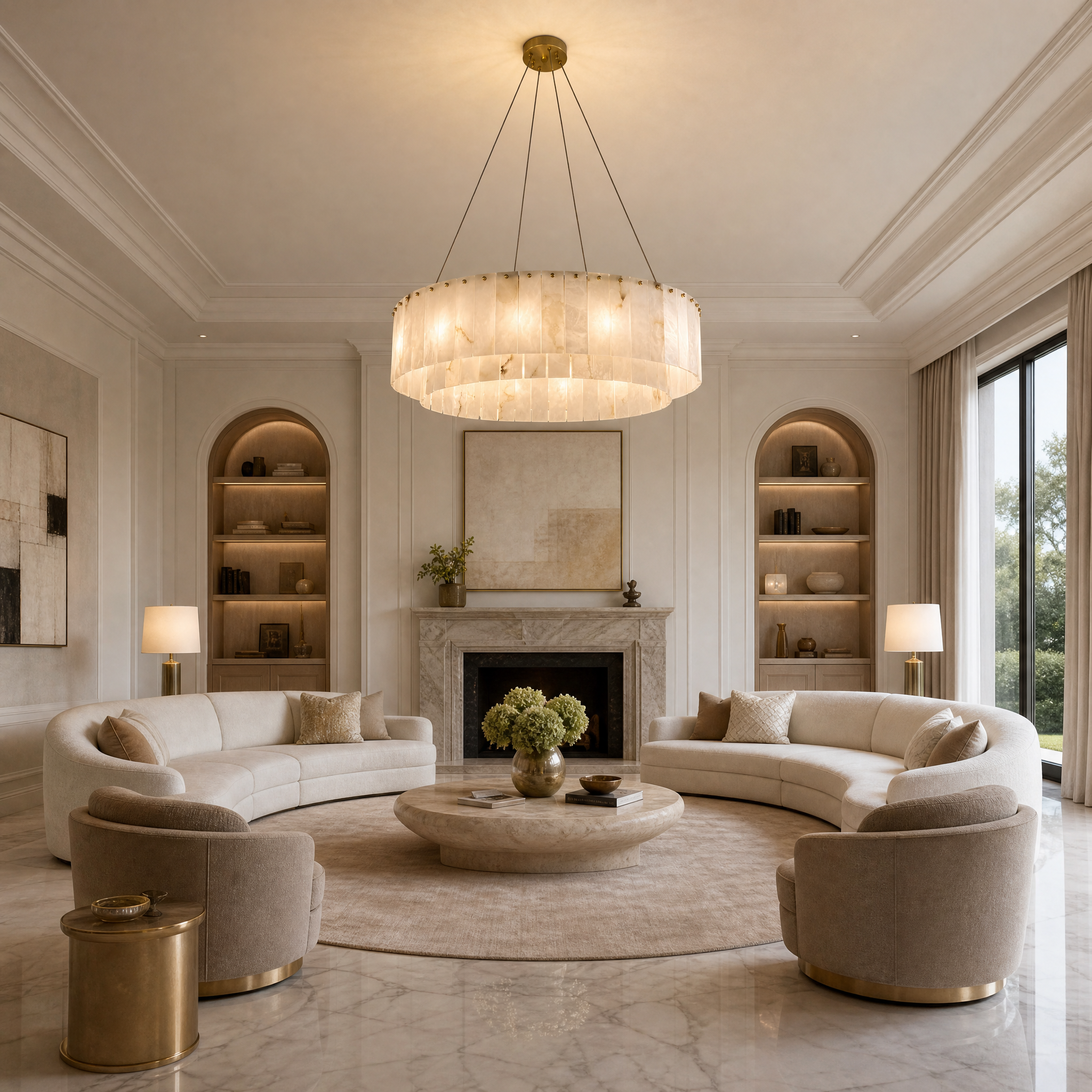The Munro Marble Circular Chandelier hanging elegantly over a modern residential dining table, casting a soft glow through its hand-cut marble panels.