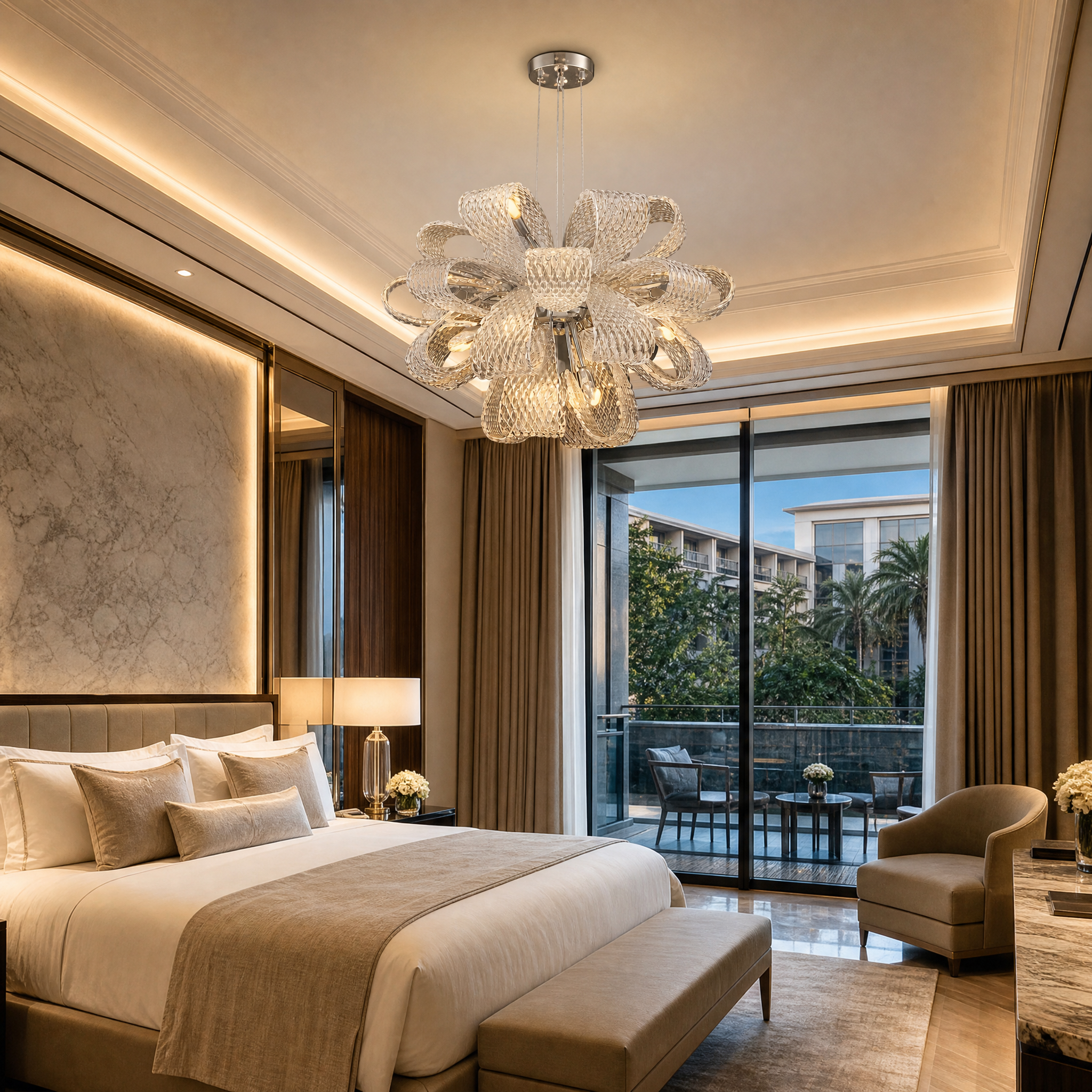 The grand VORELLI Munz contemporary ribbon-inspired chandelier creating an exquisite centerpiece in a high-end hospitality lobby.