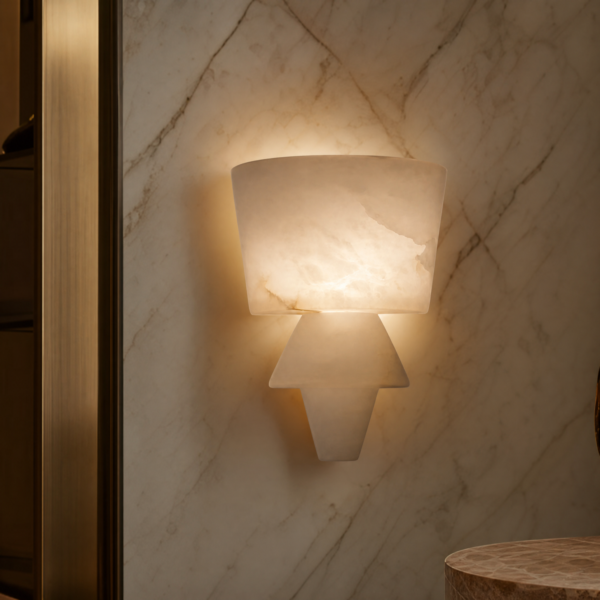 Macro closeup of the Napoli wall light showcasing the rich natural veining of the sculptural marble and its precise geometric form.