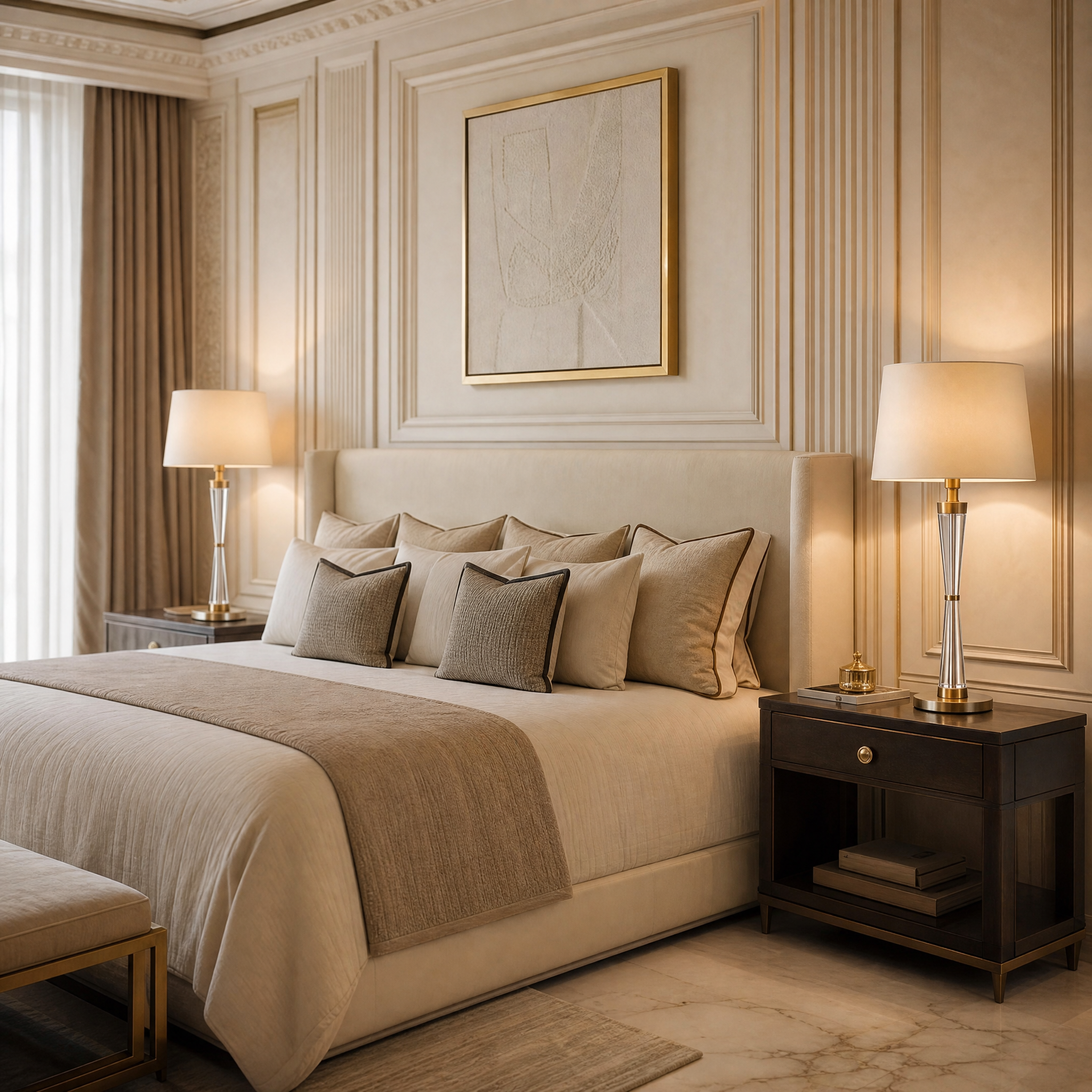 Nellora crystal and brass table lamp placed on a modern side table in a residential living room setting