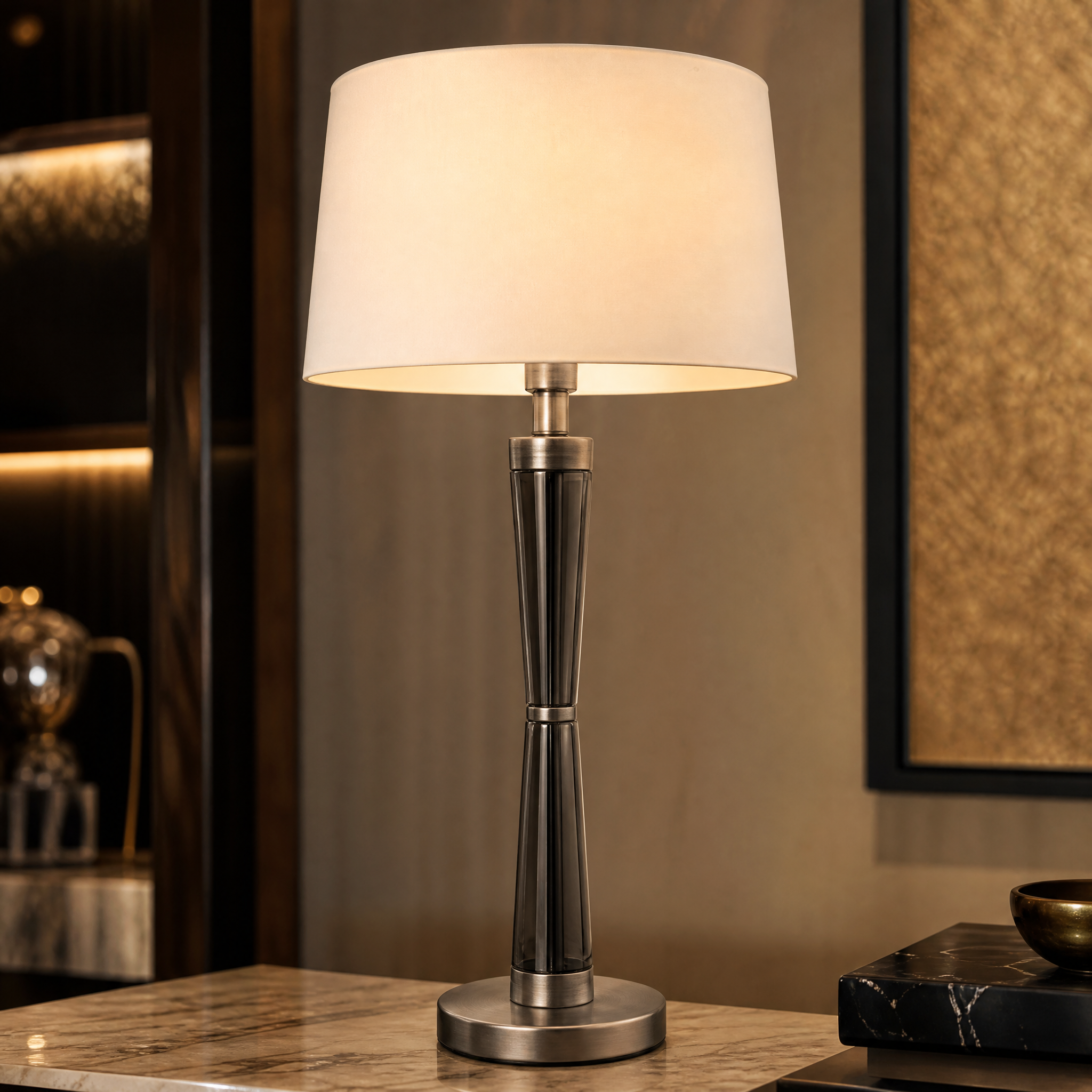 Close-up shot of the Nellora table lamp highlighting the intricate smoke crystal detailing and premium matte black nickel finish.