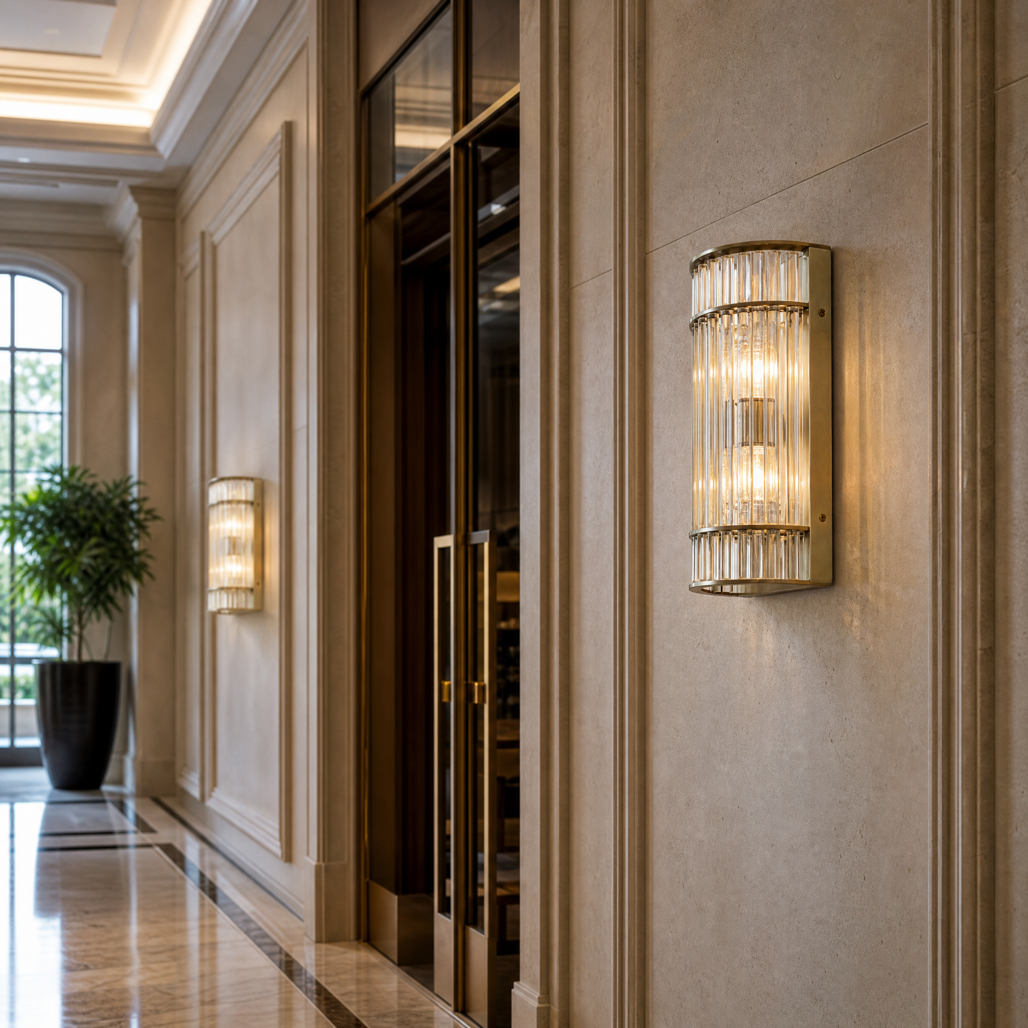 A row of VORELLI Neptune IP65 crystal wall sconces creating a serene and upscale ambiance in a premium spa retreat wellness area.