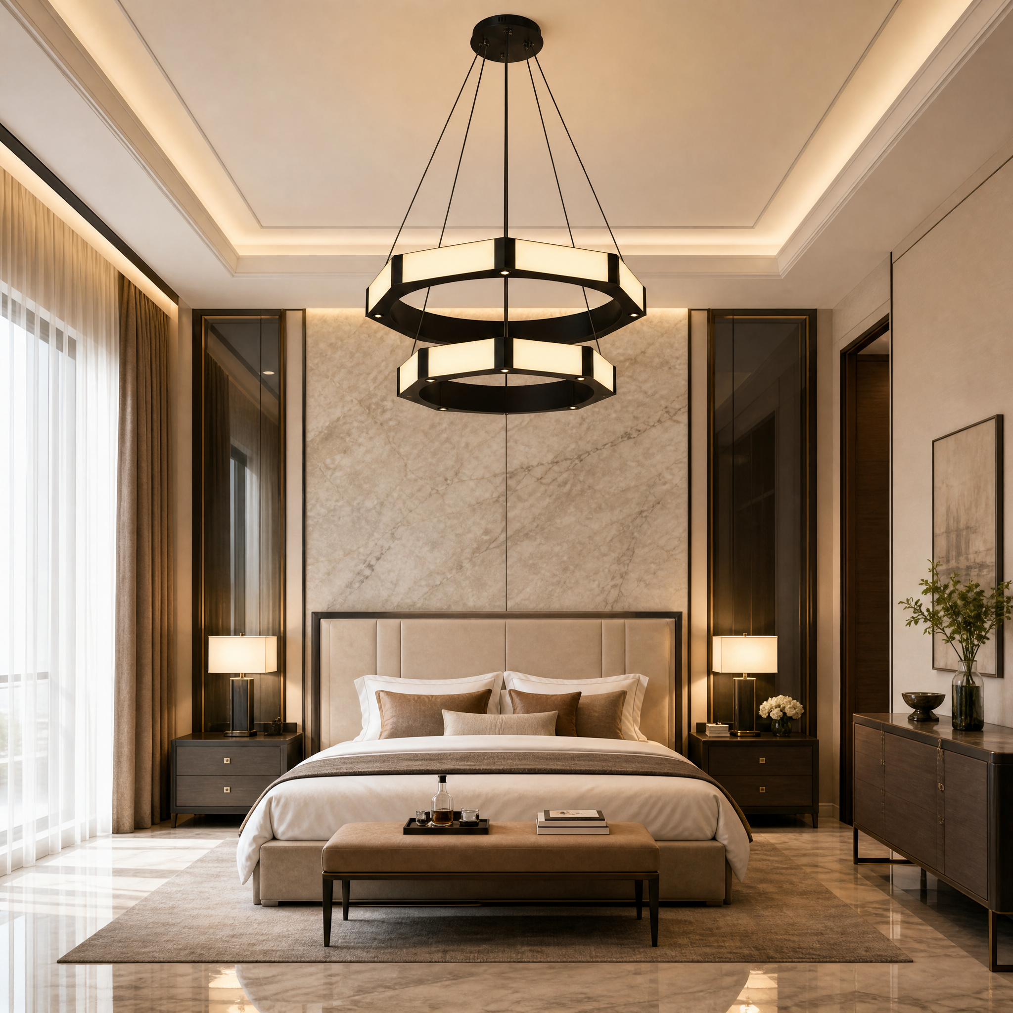 The sculptural Nero Double Ring Chandelier hanging in a high-end hotel lobby hospitality setting.