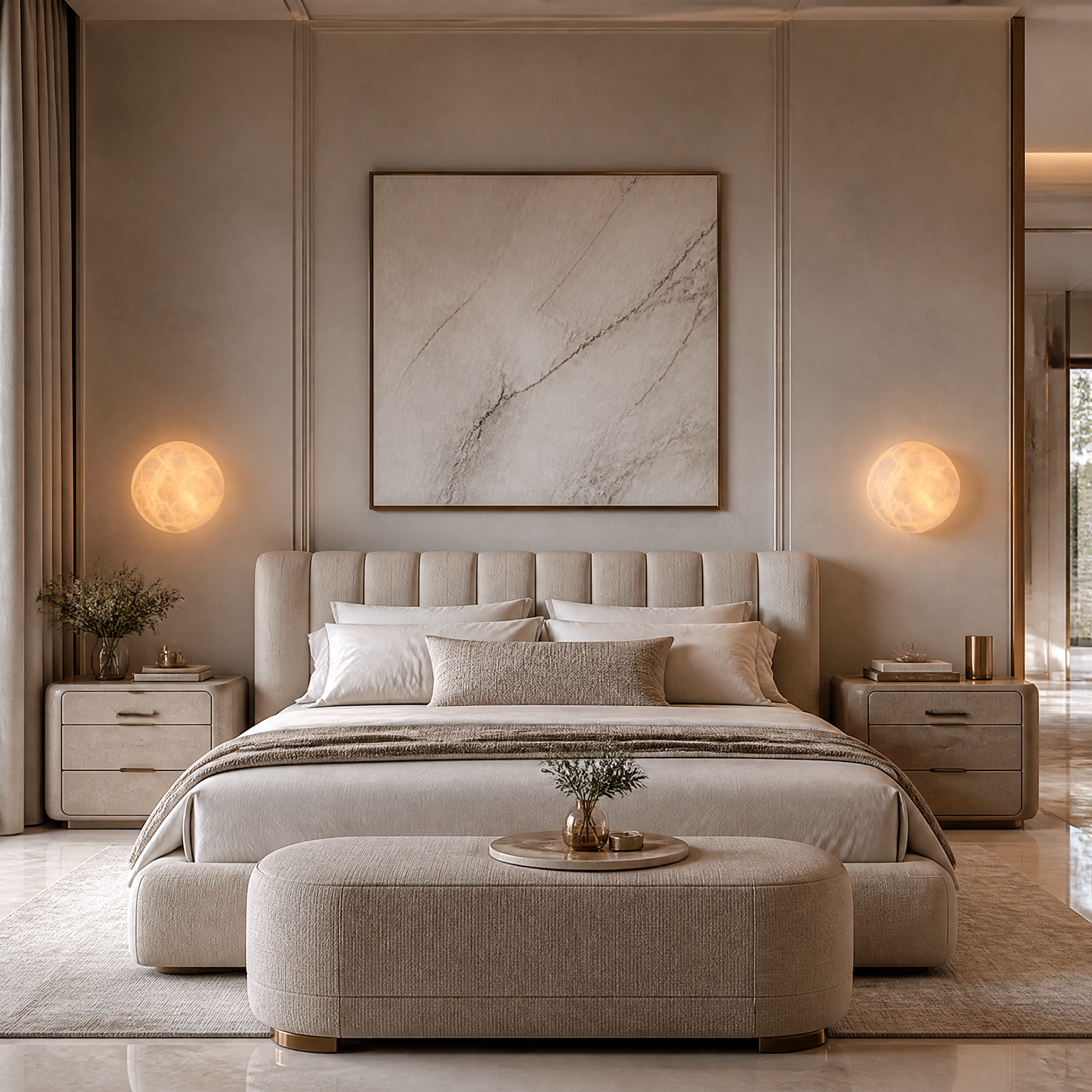 VORELLI Nicolino dome-shaped Spanish alabaster wall light illuminating a contemporary residential living room with a warm atmospheric glow.