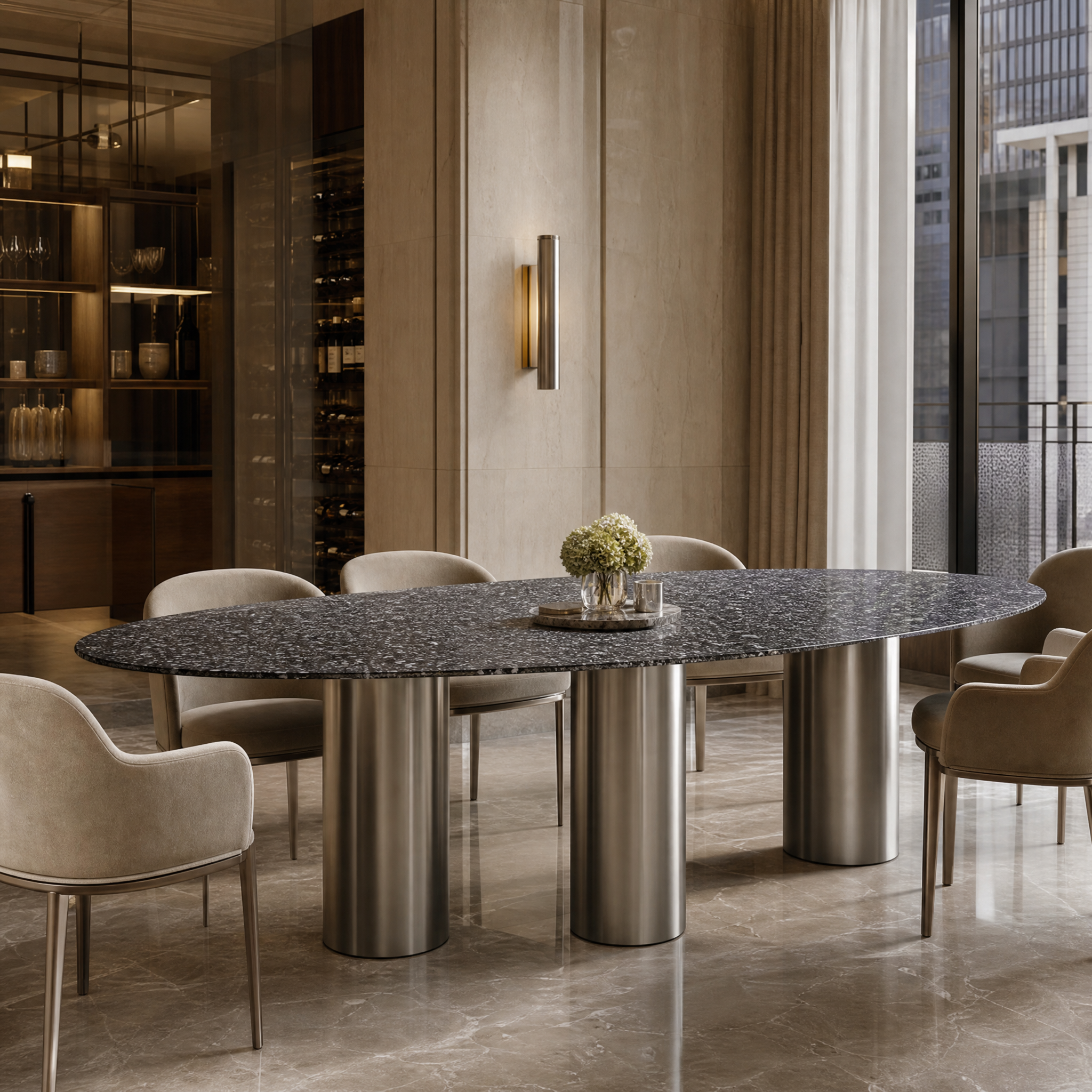 The VORELLI Nisha Fossil Black marble dining table styled inside a high-end hospitality venue or upscale restaurant showroom, showcasing its stately design and premium aesthetic.