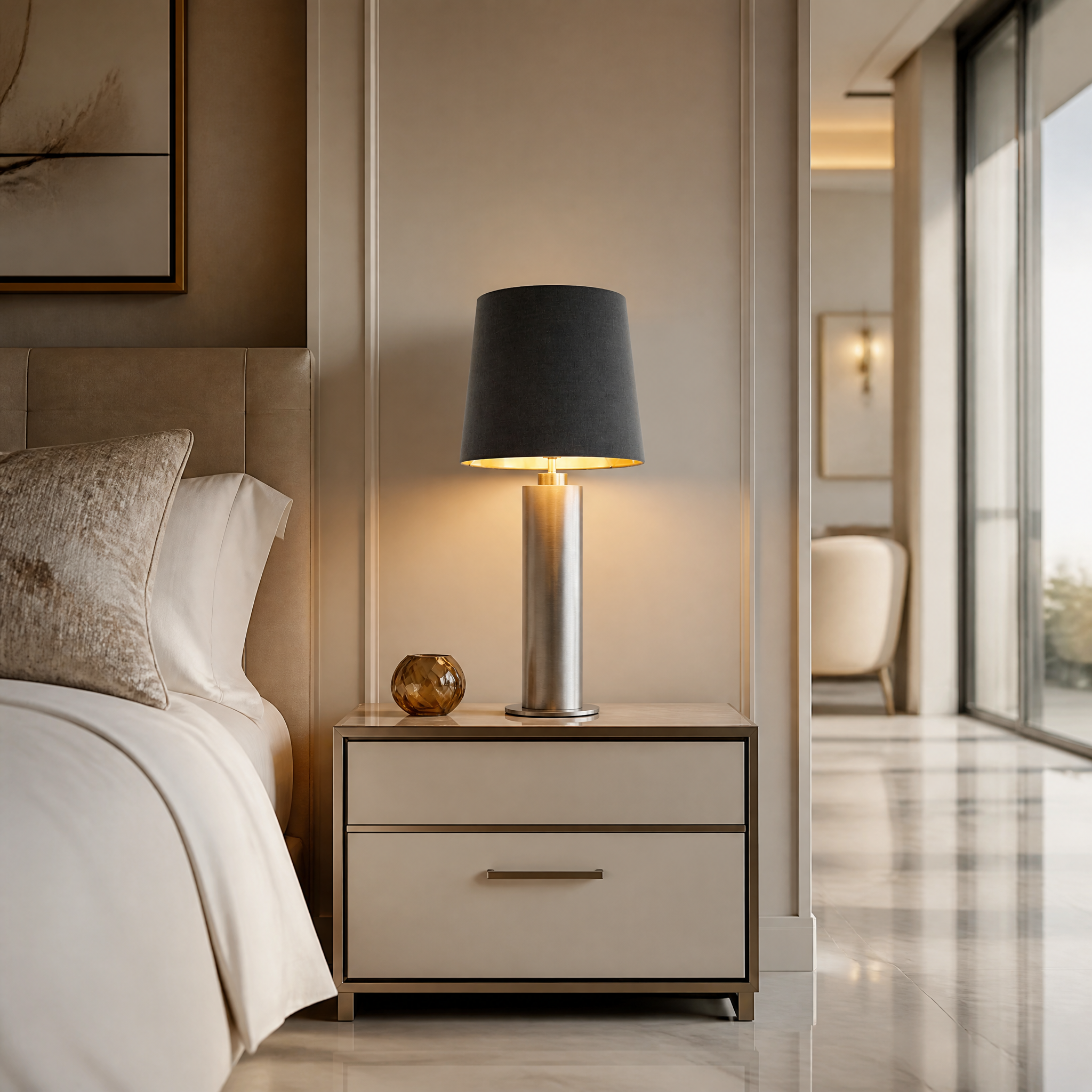 VORELLI Norvane gunmetal table lamp with charcoal shade illuminating a modern residential bedroom bedside table with a warm ambient glow.