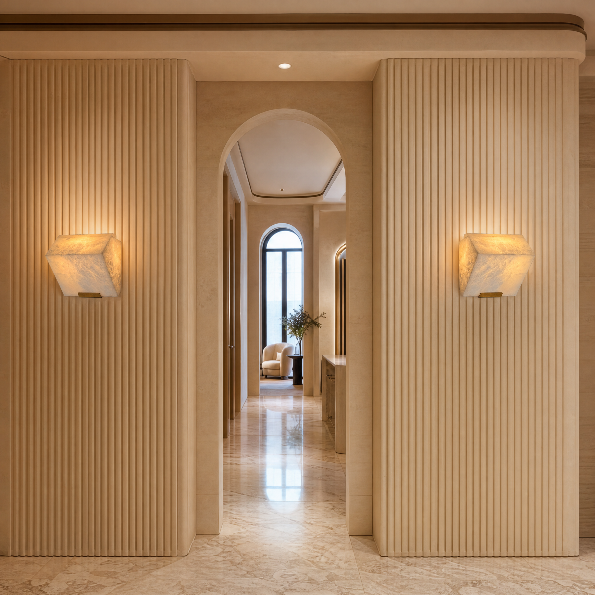 Luxury hotel hallway featuring the Novara marble wall light, highlighting its architectural geometry and refined design.