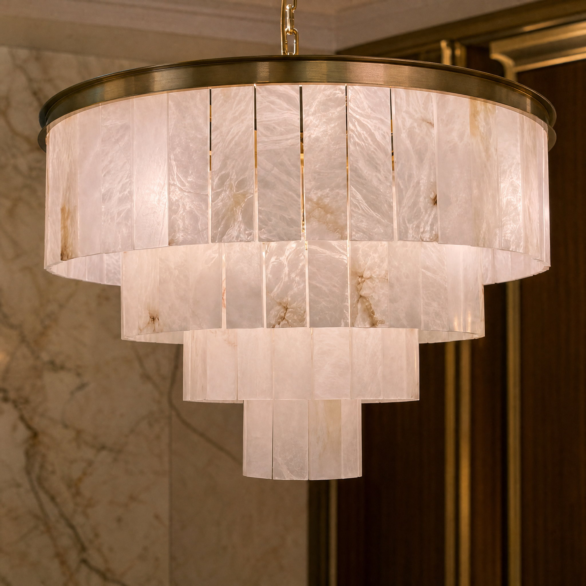A macro close-up view of the softly veined marble tiers of the Novella Circular Chandelier, emphasizing the premium natural stone details.