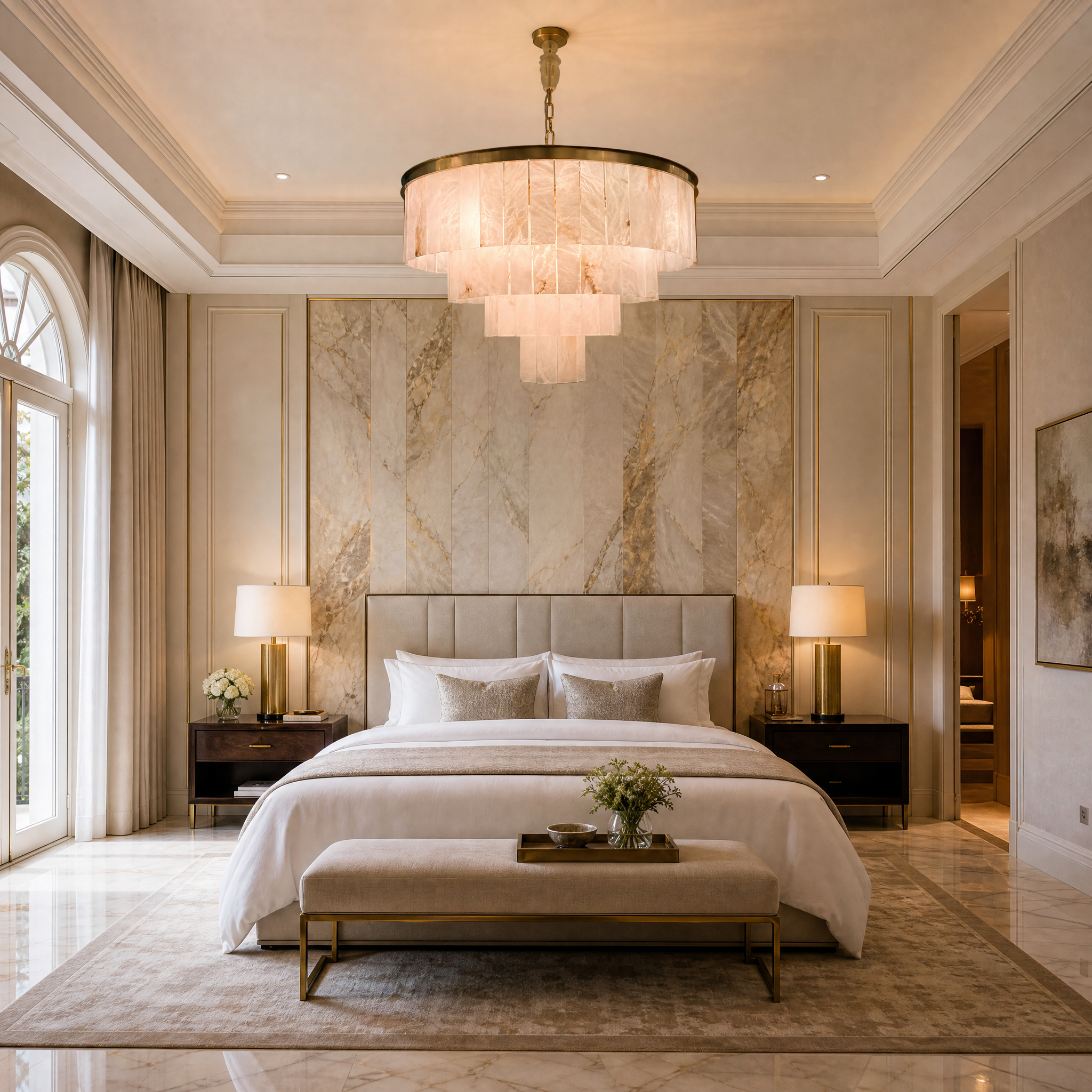 A grand hospitality setting featuring the Novella Marble Circular Chandelier, diffusing elegant and serene light in a boutique hotel lobby.