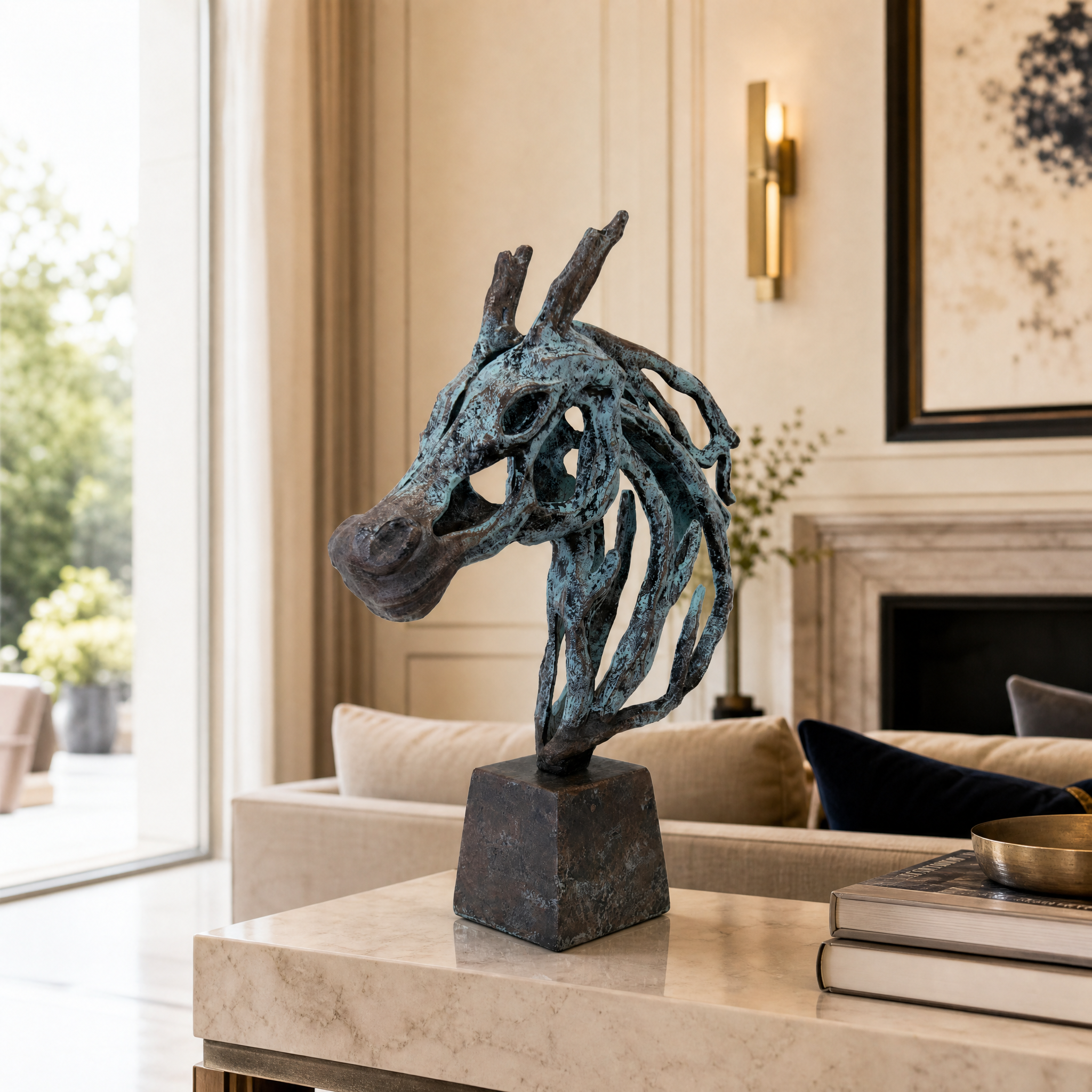 Novelli sculptural horse head decor displayed on a modern foyer console table