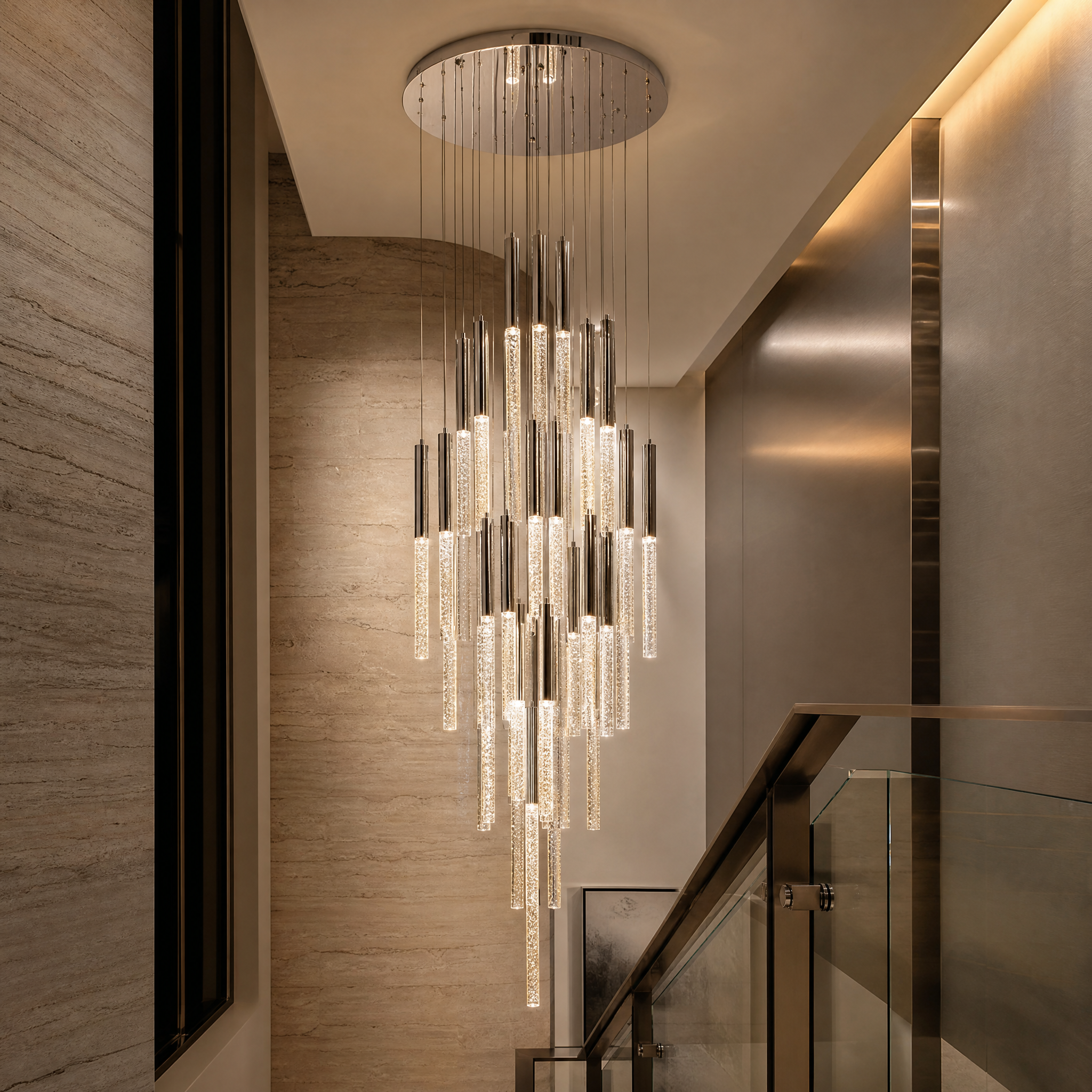 Macro close-up of the elongated crystal cylinders of the Nyon Pendant Chandelier, showing light refraction and premium materials.