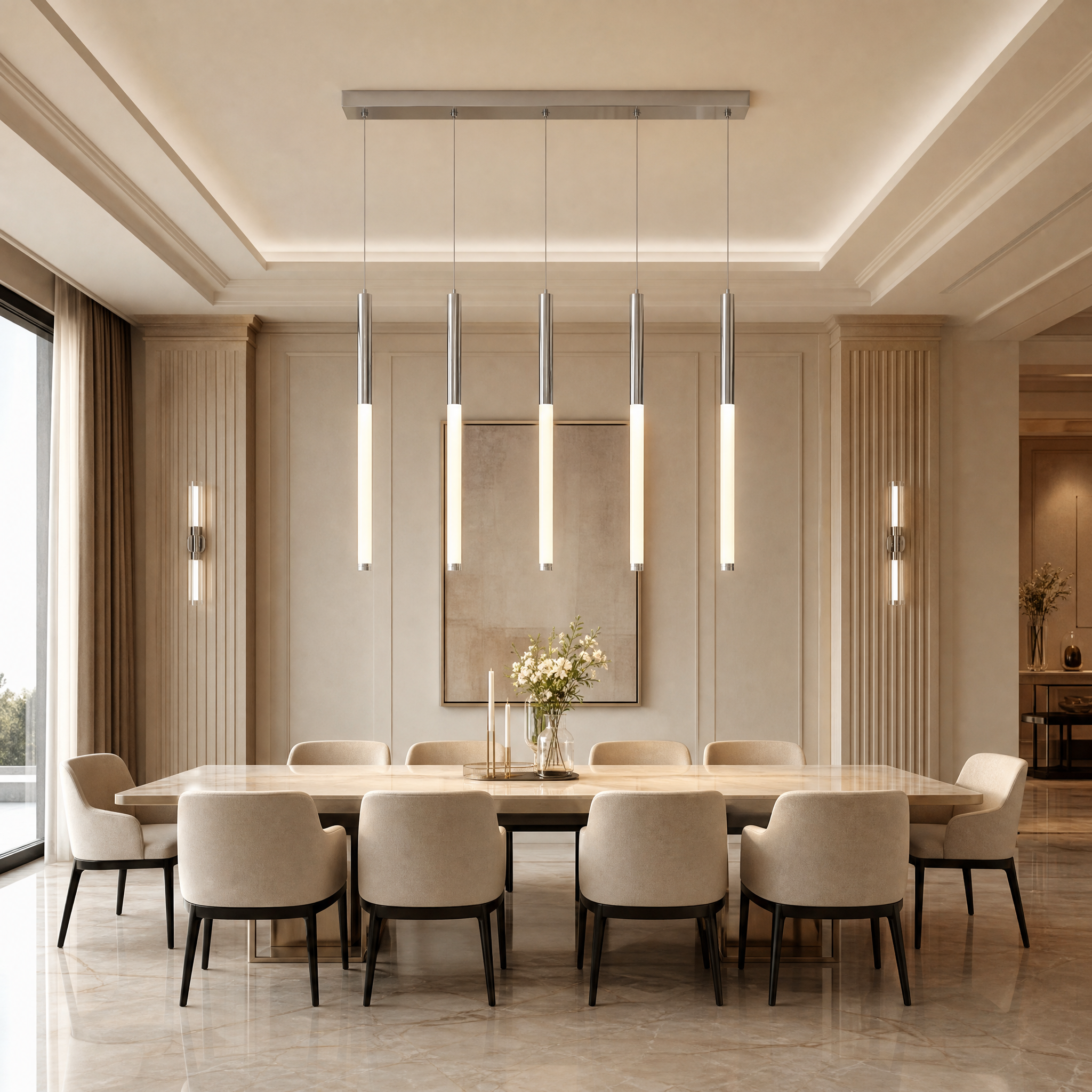 VORELLI Nyon rectangular crystal chandelier with bubble-effect glass cascading over a modern luxury dining table in a contemporary residential home.