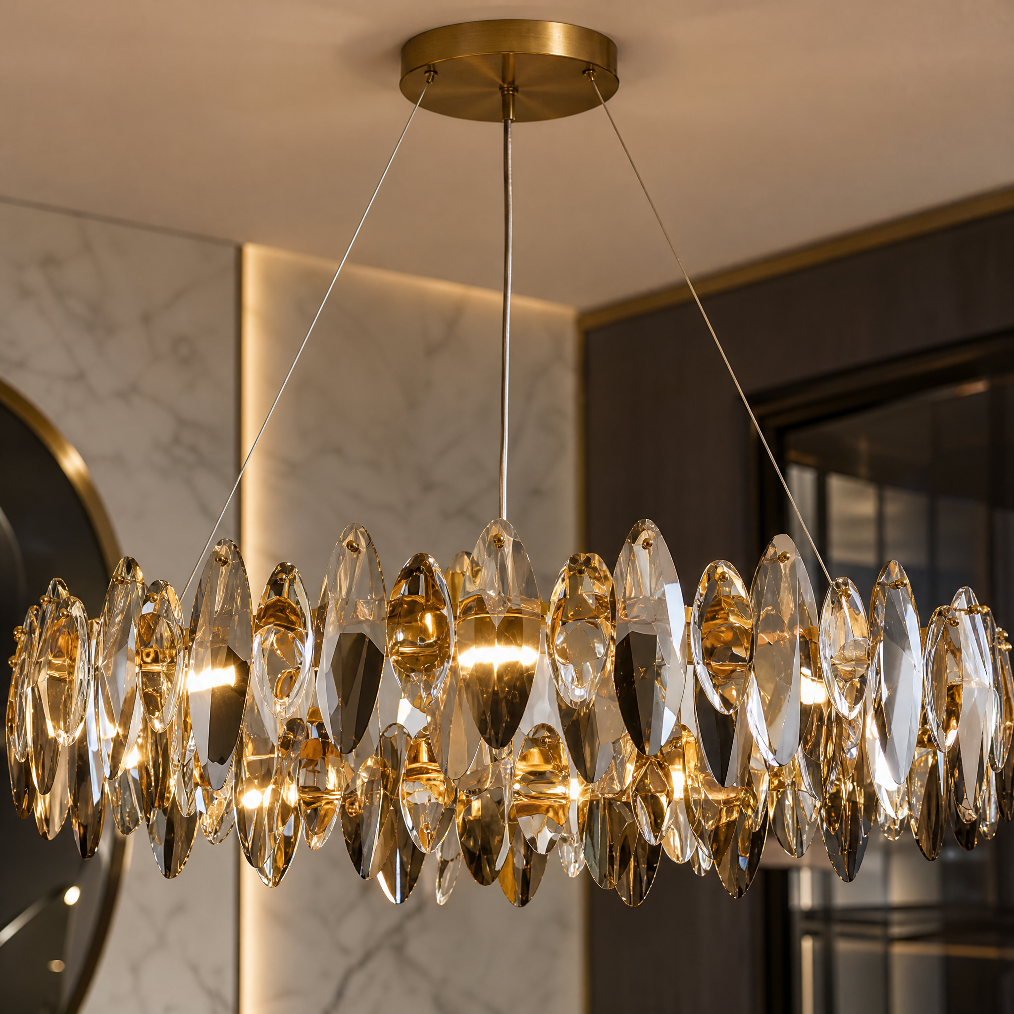 Close-up detail of the Oakhill chandelier showing the craftsmanship of clear and smoky crystal ovals.