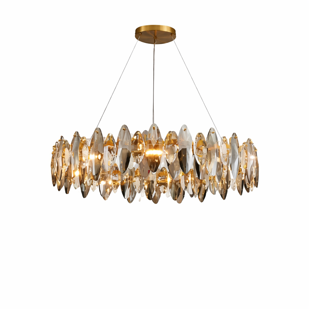 Oakhill circular chandelier glowing with ambient light to create an elegant mood in a living space.