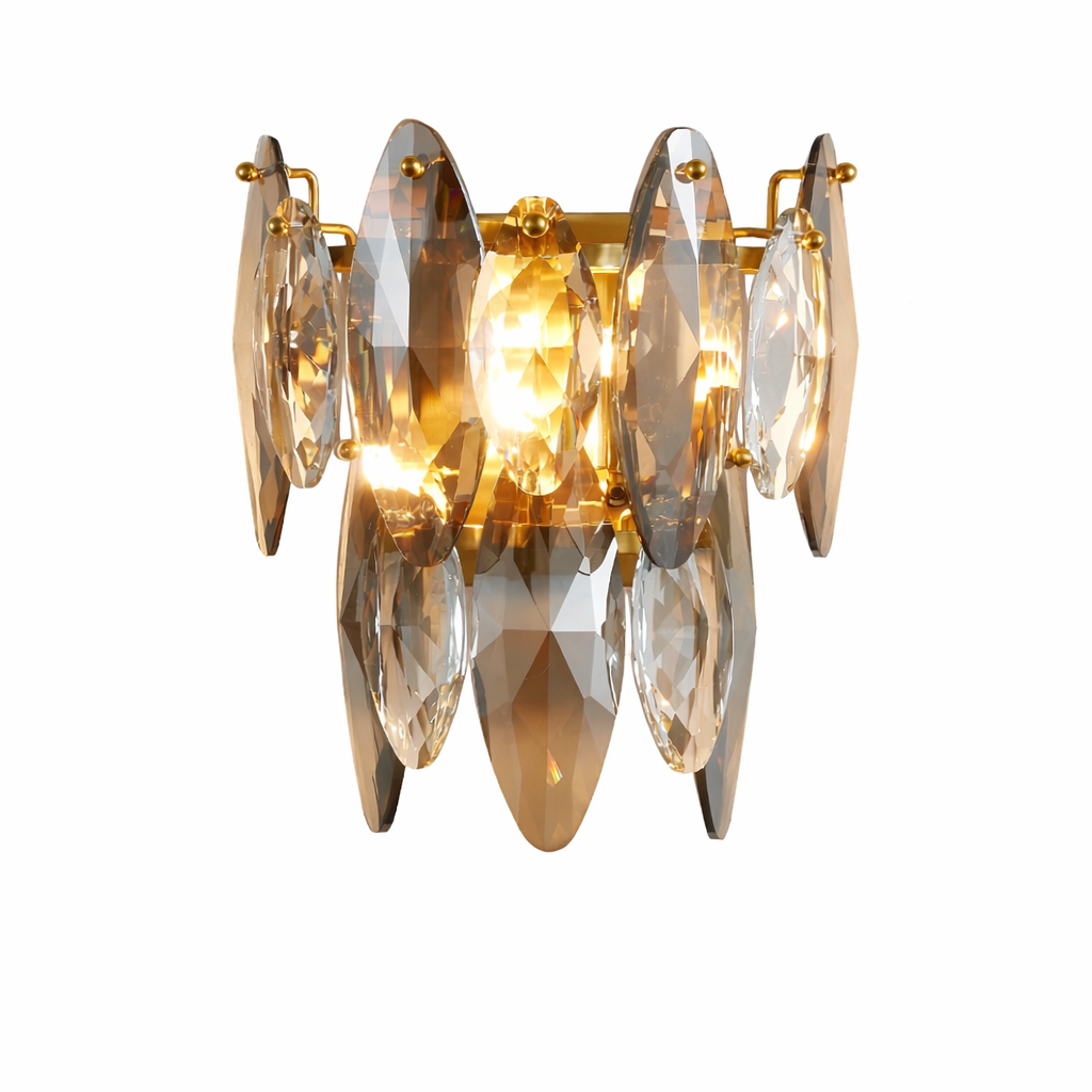 Oakhill Wall Light glowing with warm light through smoky crystal oval glass prisms