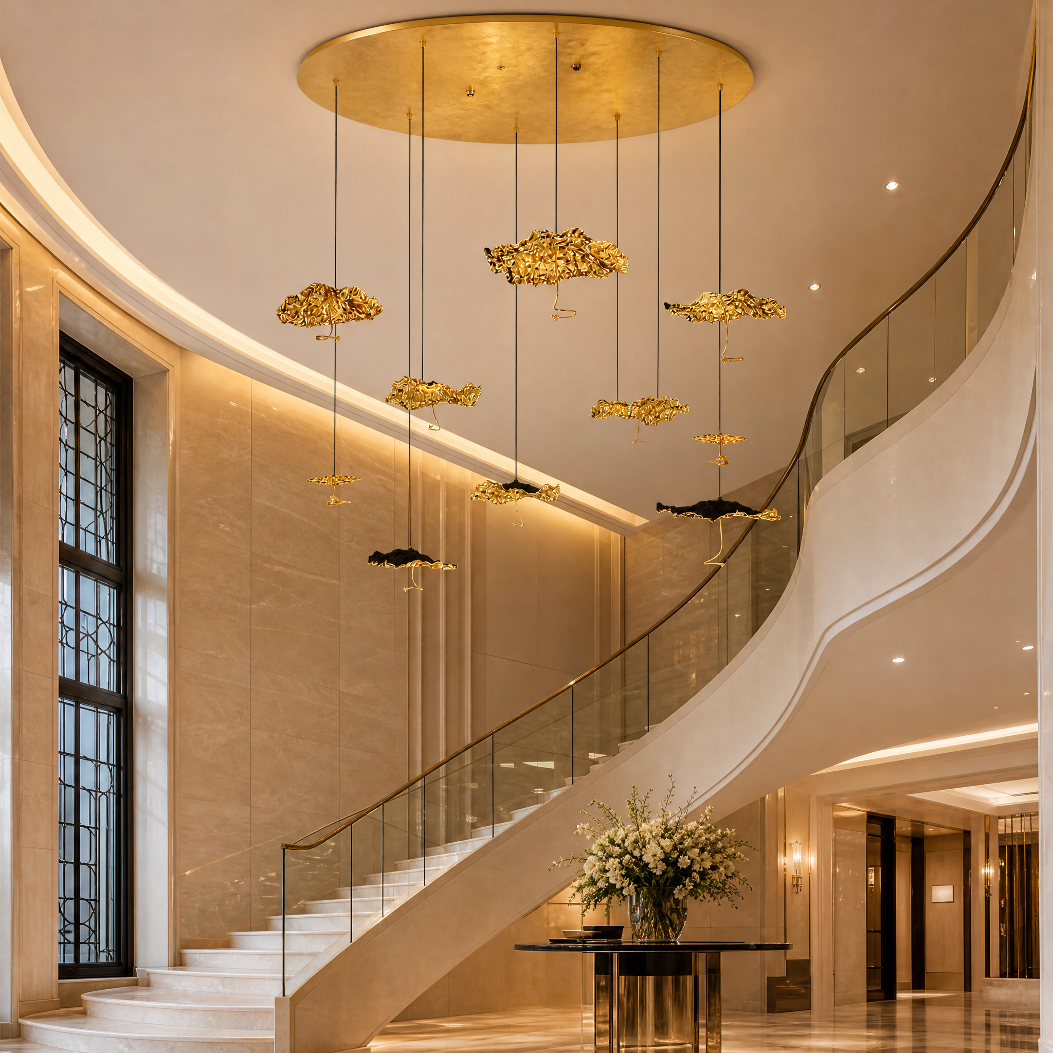 A dramatic yet restrained VORELLI Obscura staircase chandelier hanging in a contemporary hospitality lobby lounge, adding architectural presence.