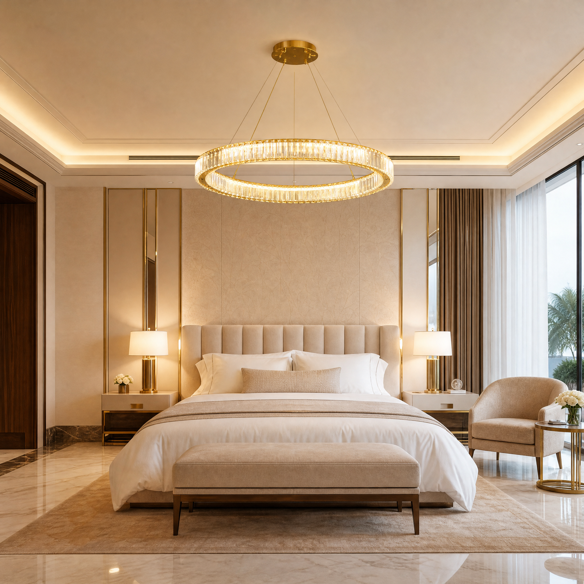 The minimalist design of the Oia Ring Circular Chandelier by VORELLI creating a striking centrepiece in a high-end hotel lobby hospitality setting.