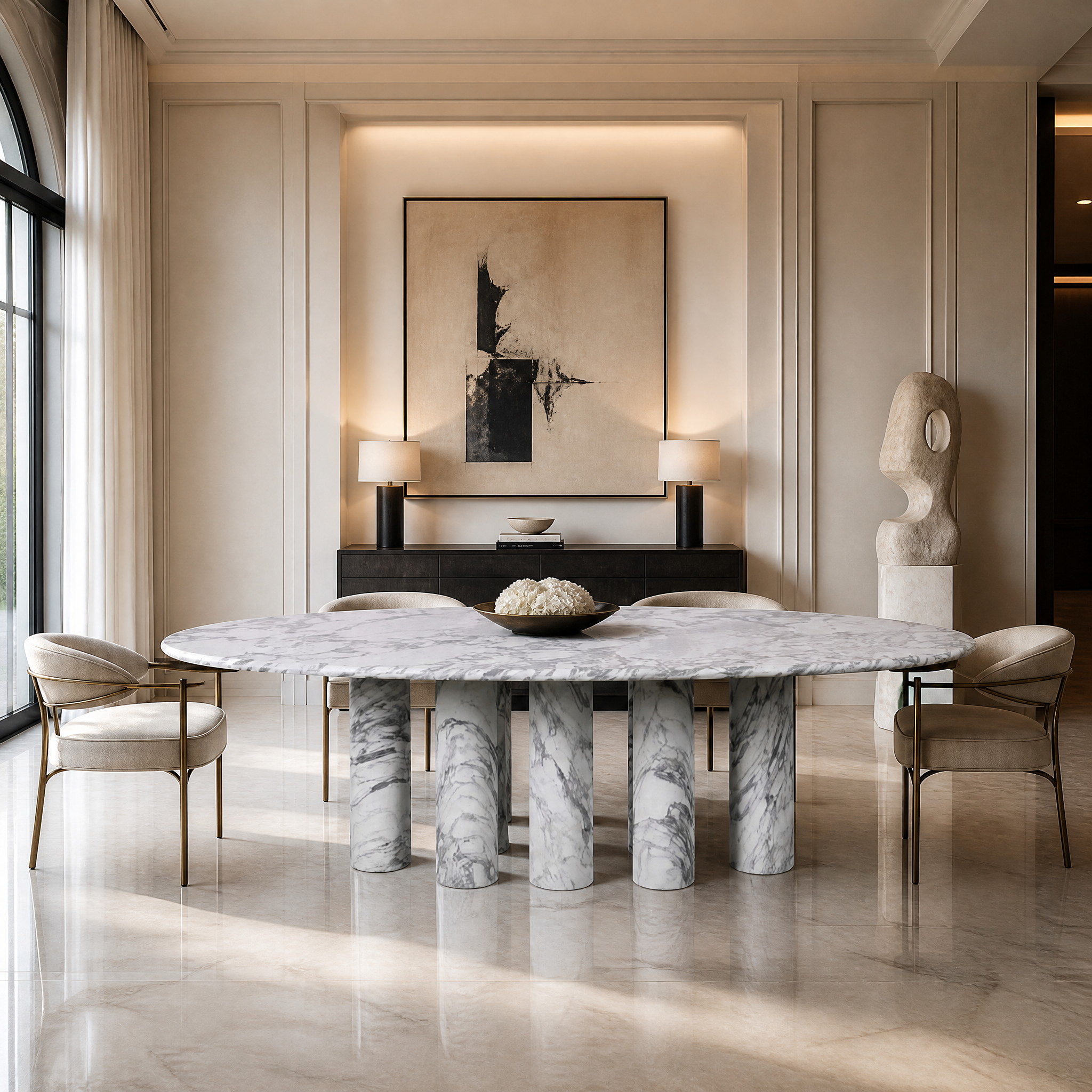 A sophisticated modern dining room featuring the Olivaro Arabescato marble dining table as a centerpiece.