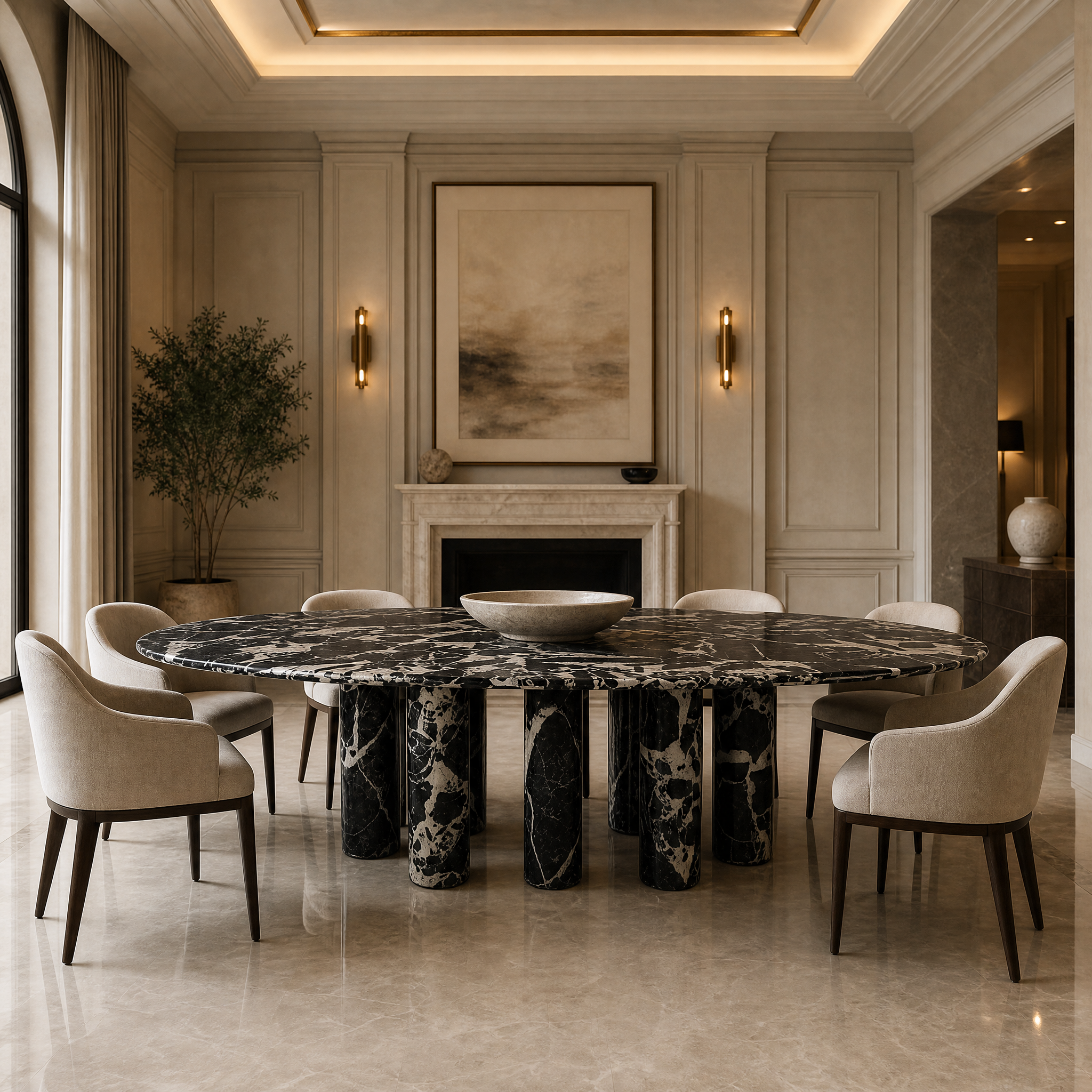 The Olivaro Napoleon Black marble dining table by VORELLI showcased in a luxury residential dining room, highlighting its bold material character and contemporary design.